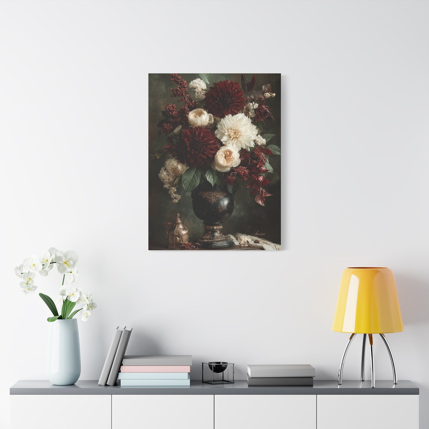 Burgundy Dahlia Floral Still Life Wall Art & Canvas Print