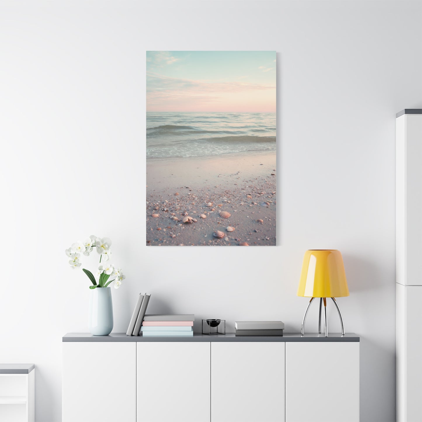 Pastel Sunrise Beach with Seashell Shore Wall Art & Canvas Print