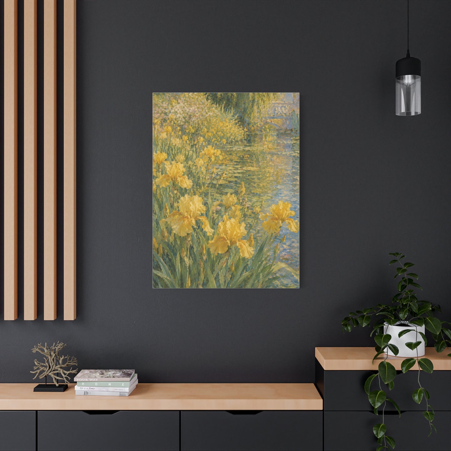Impressionist Yellow Iris Garden Waterside Scene Wall Art & Canvas Print
