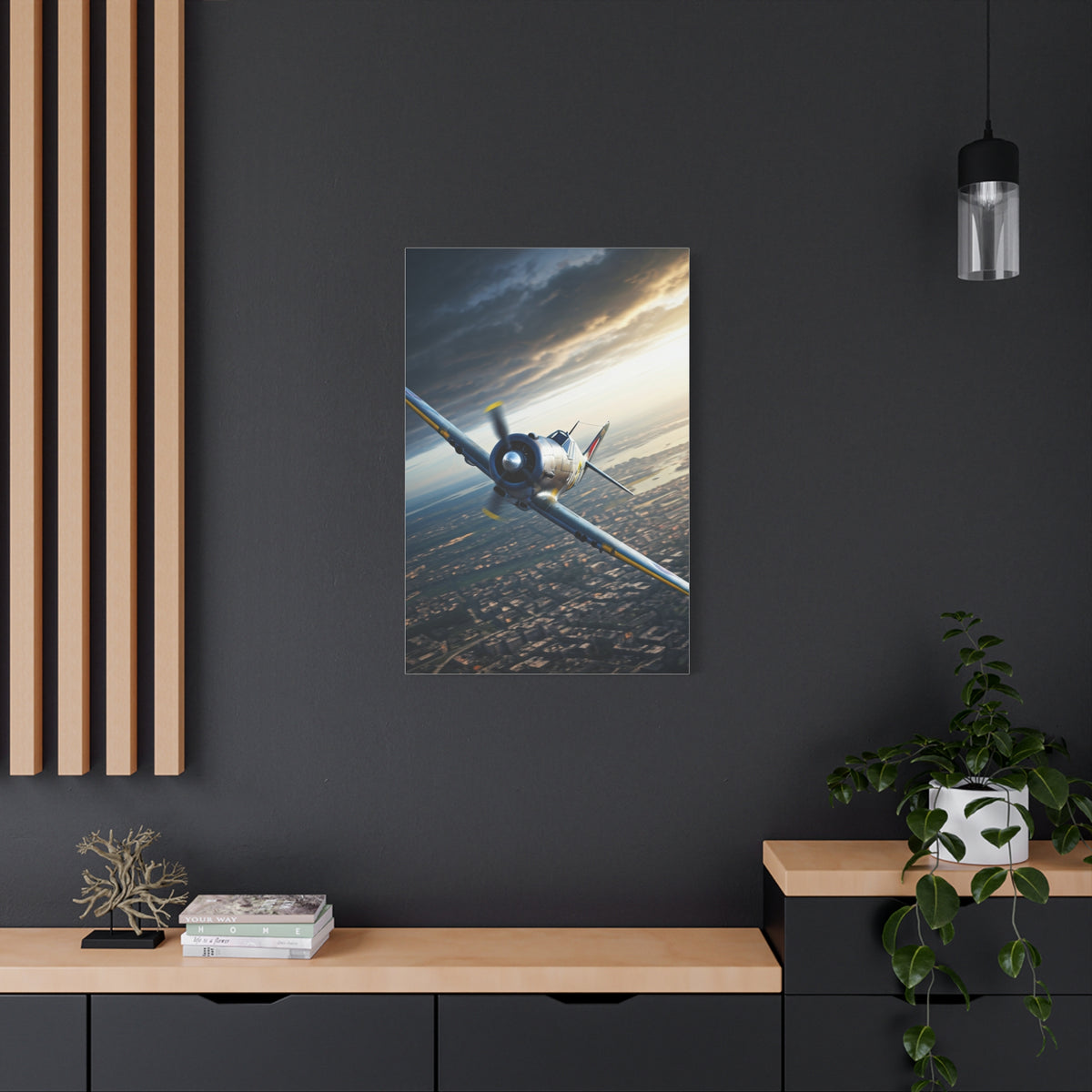 Vintage Fighter Dive Over the City Wall Art & Canvas Prints