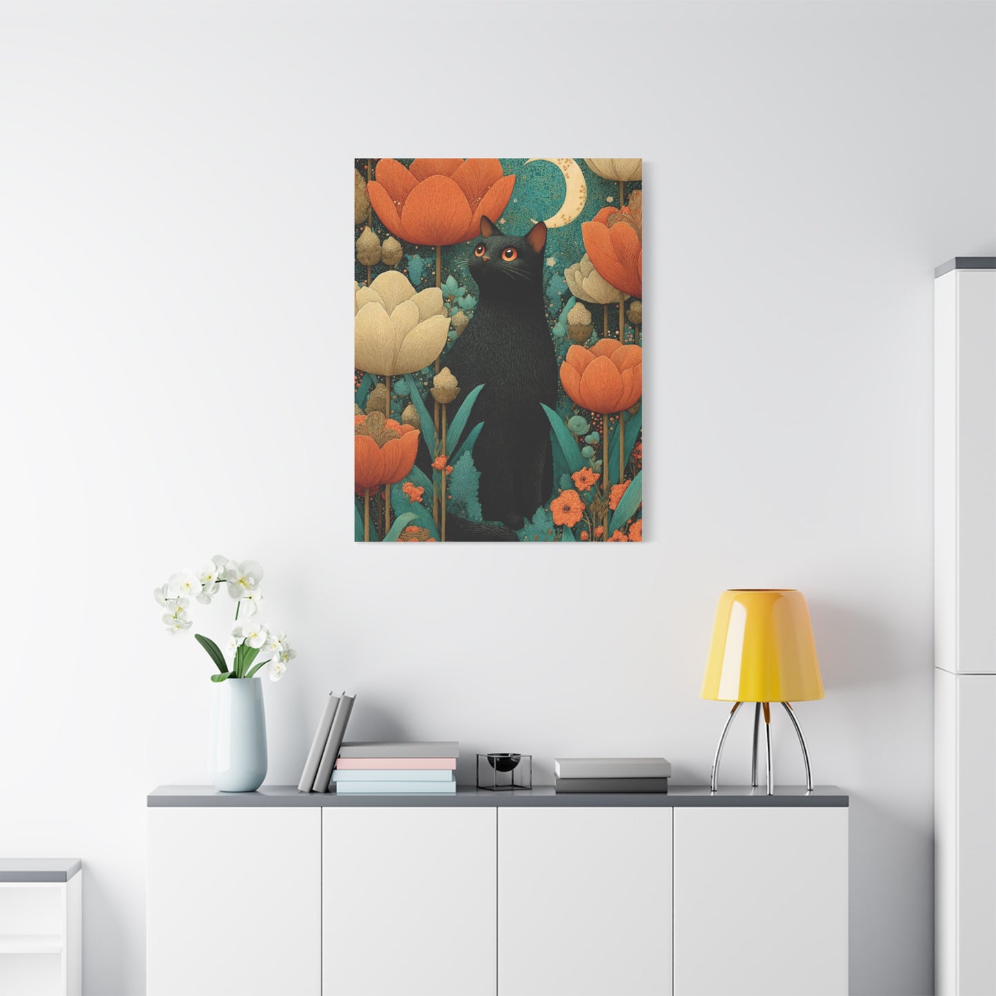 Folk Black Cat Garden Wall Art & Canvas Print