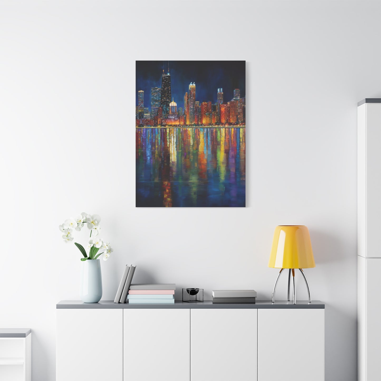 Chicago Skyline Night Reflections Wall Art & Canvas Print