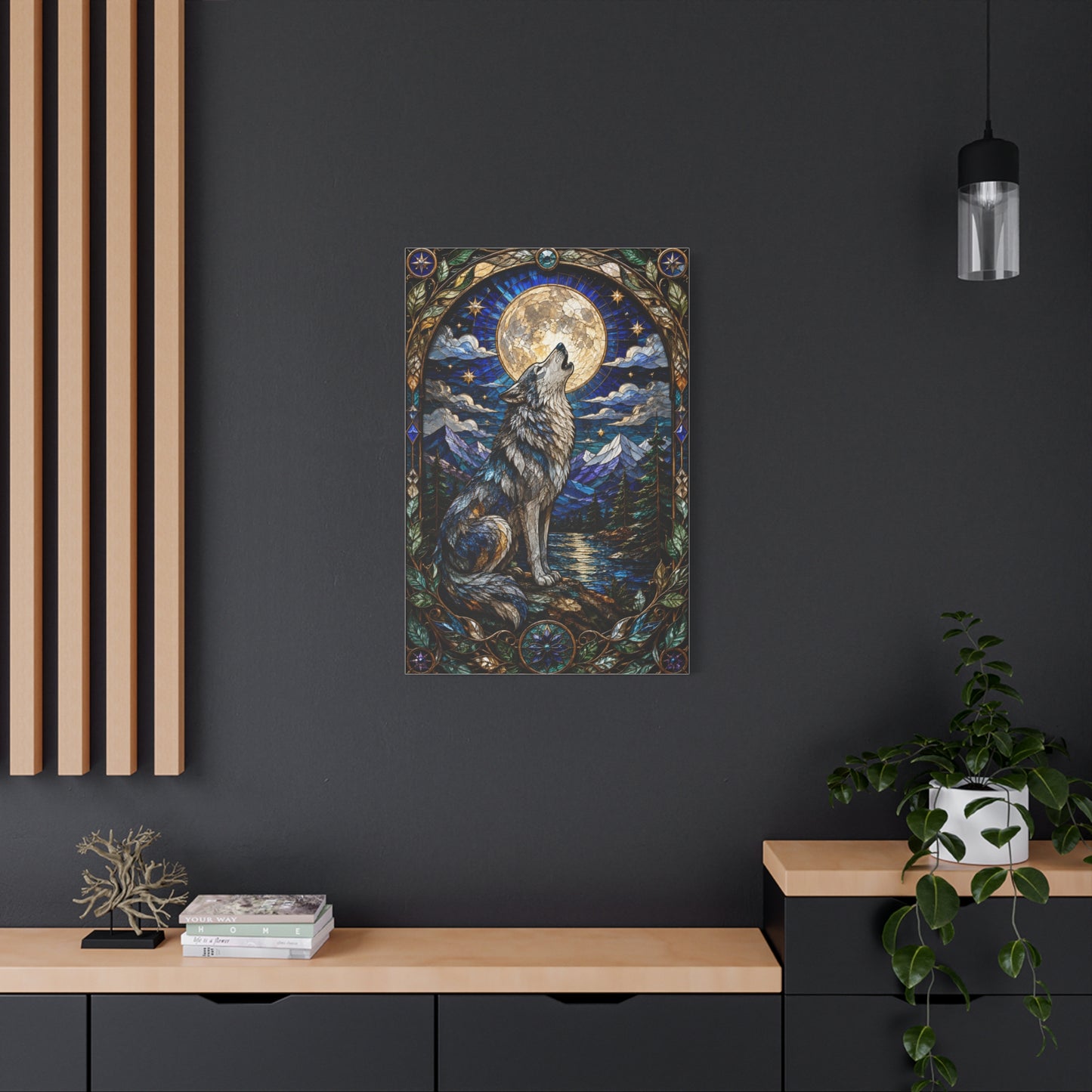 Stained Glass Moonlit Wolf Landscape Wall Art & Canvas Print