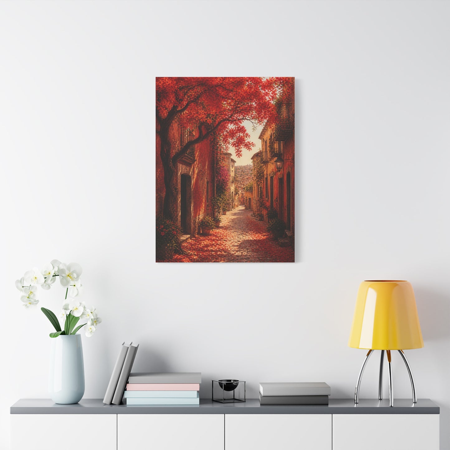 Autumn Red Blossom Street Scene Wall Art & Canvas Print