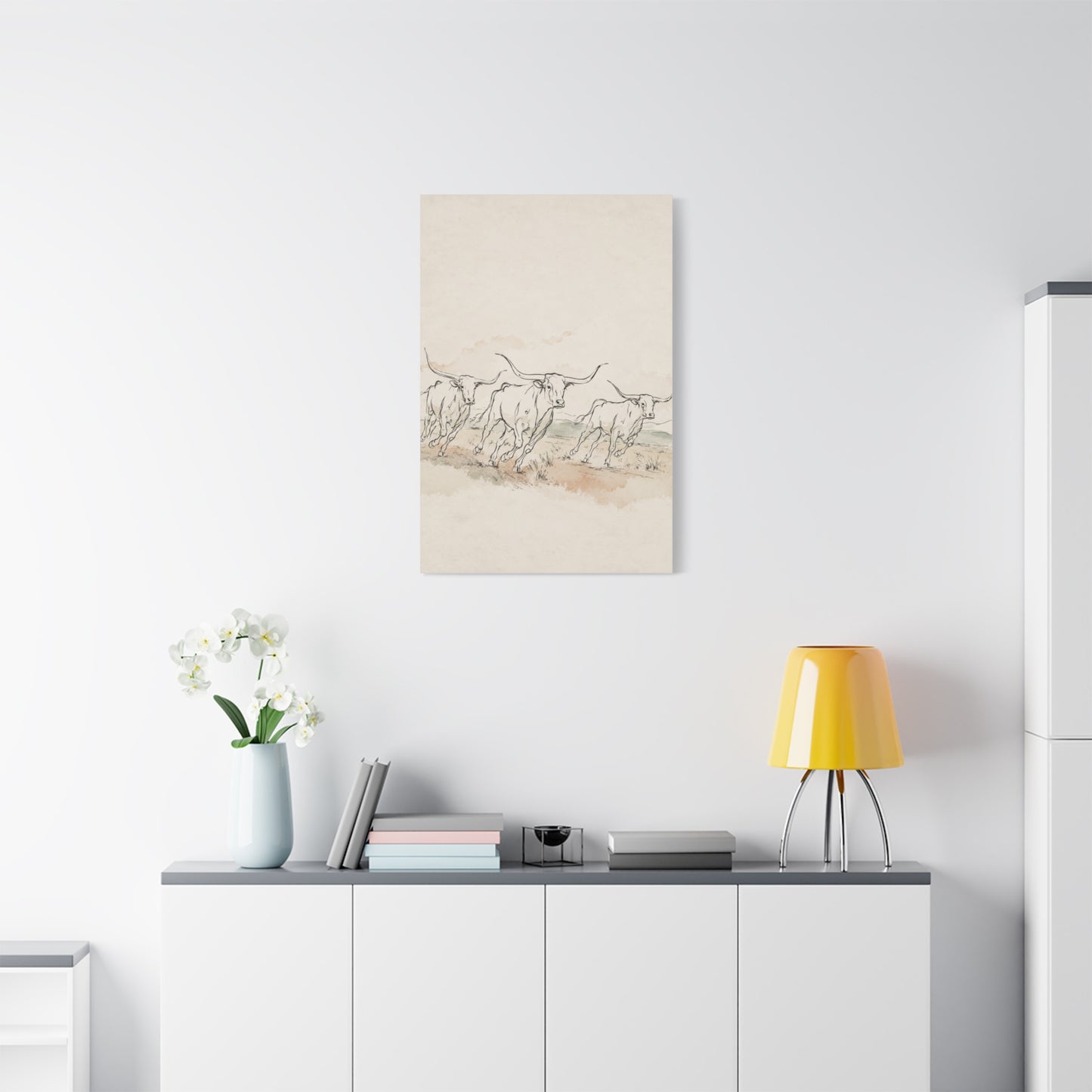 Running Longhorn Line Sketch Panorama Wall Art & Canvas Print