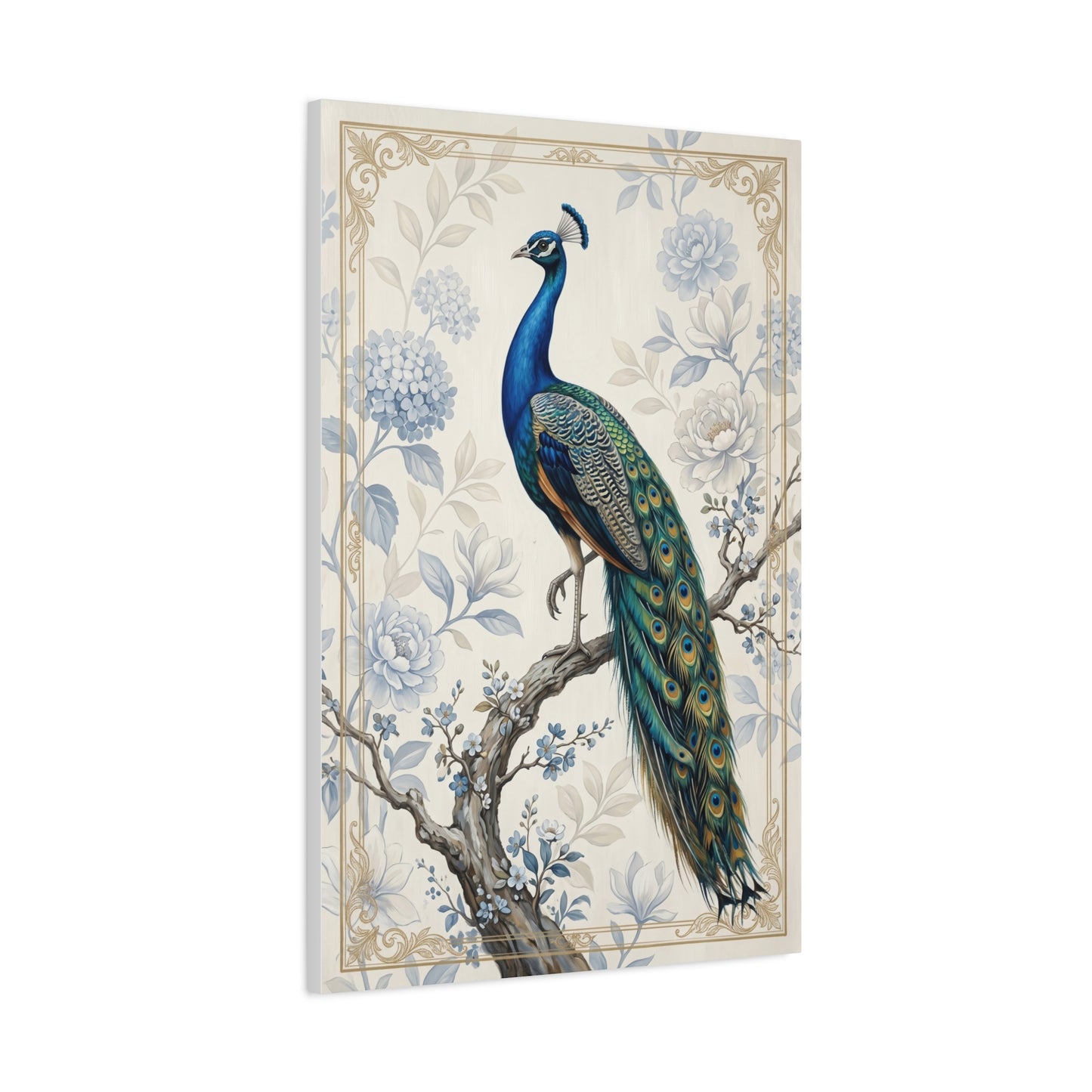 Elegant Blue Botanical Peacock Wall Art & Canvas Print