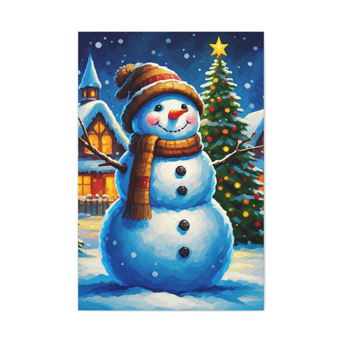 Artistic Snowman in Winter Village Scene Wall Art & Canvas Print