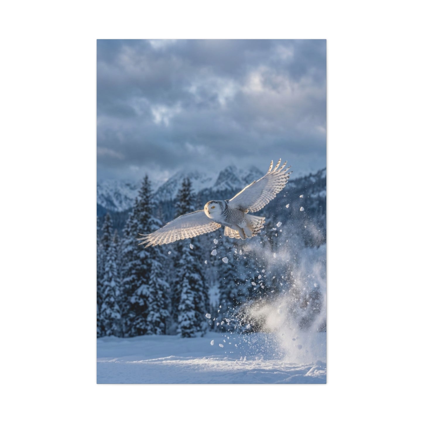 Snowy Owl Mountain Flight Wall Art & Canvas Print