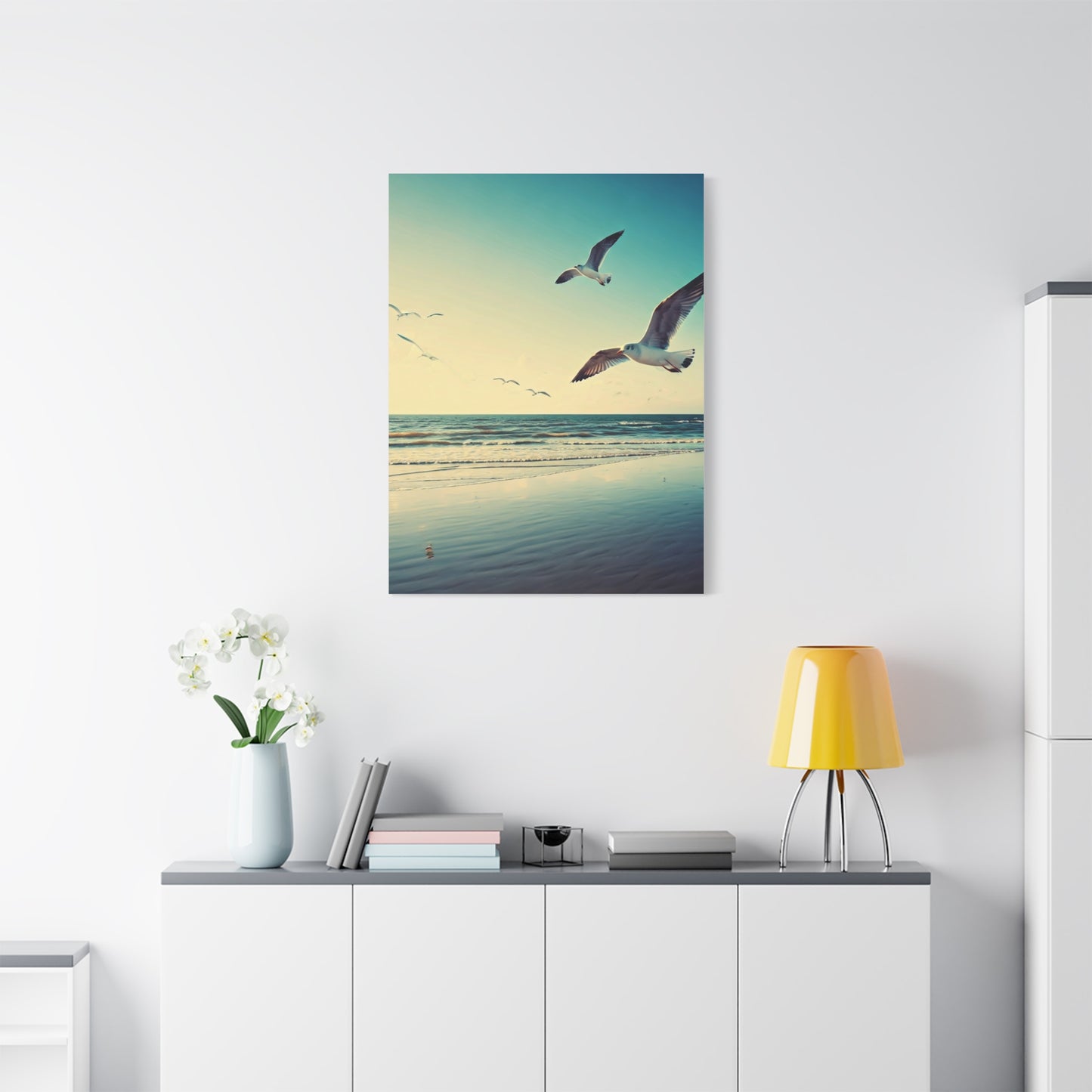 Seagulls in Flight Over Gentle Waves Wall Art & Canvas Prints