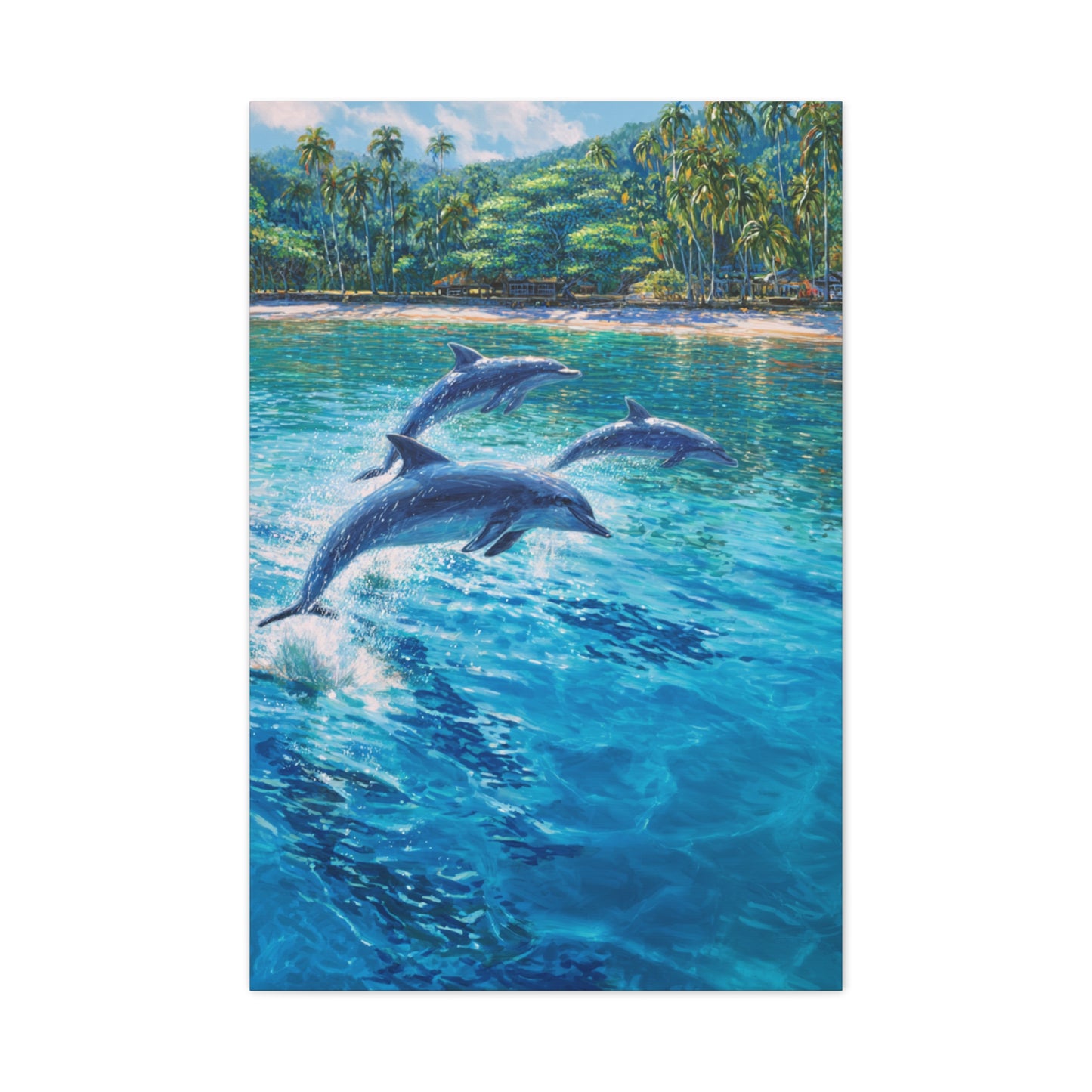 Dolphins Leaping Near Tropical Coastline Wall Art & Canvas Print