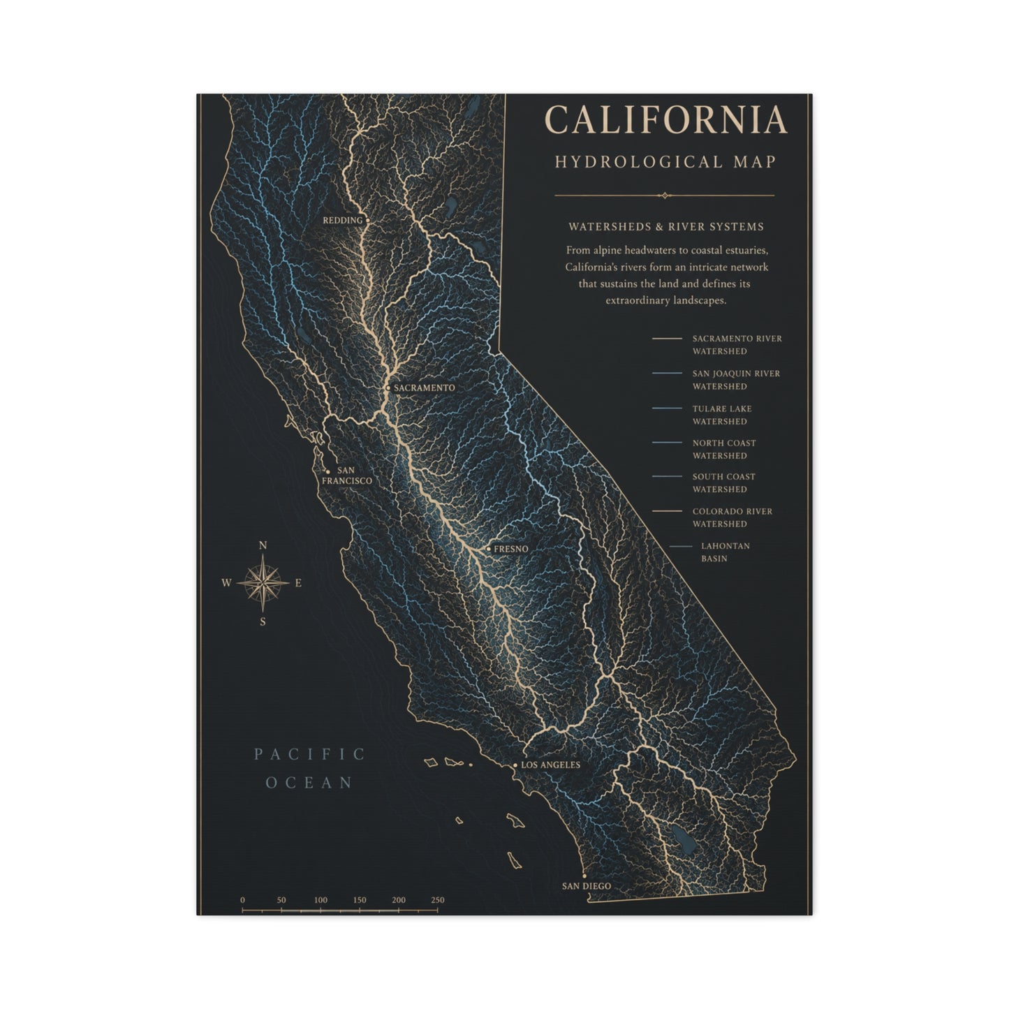 California Hydrological Watershed Map Wall Art & Canvas Print
