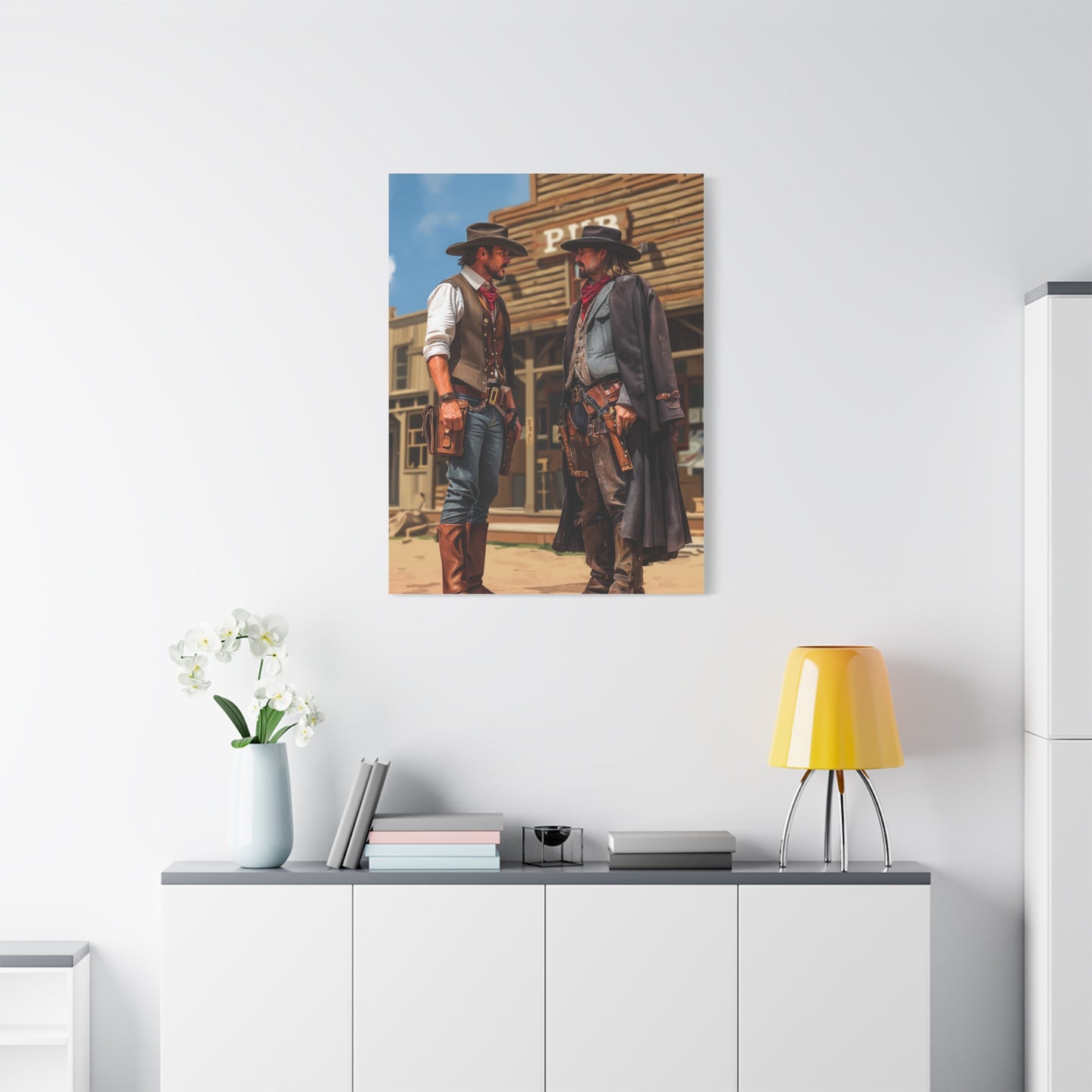 Rival Cowboys Facing Off Outside the Saloon Wall Art & Canvas Print