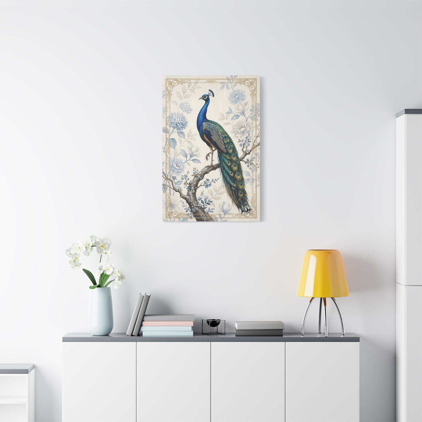 Elegant Blue Botanical Peacock Wall Art & Canvas Print