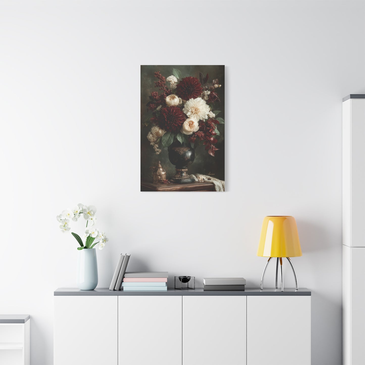 Burgundy Dahlia Floral Still Life Wall Art & Canvas Print