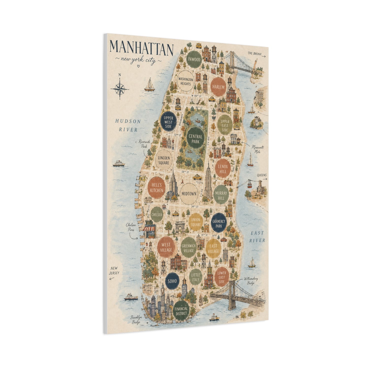 Manhattan Illustrated Map Composition Wall Art & Canvas Print