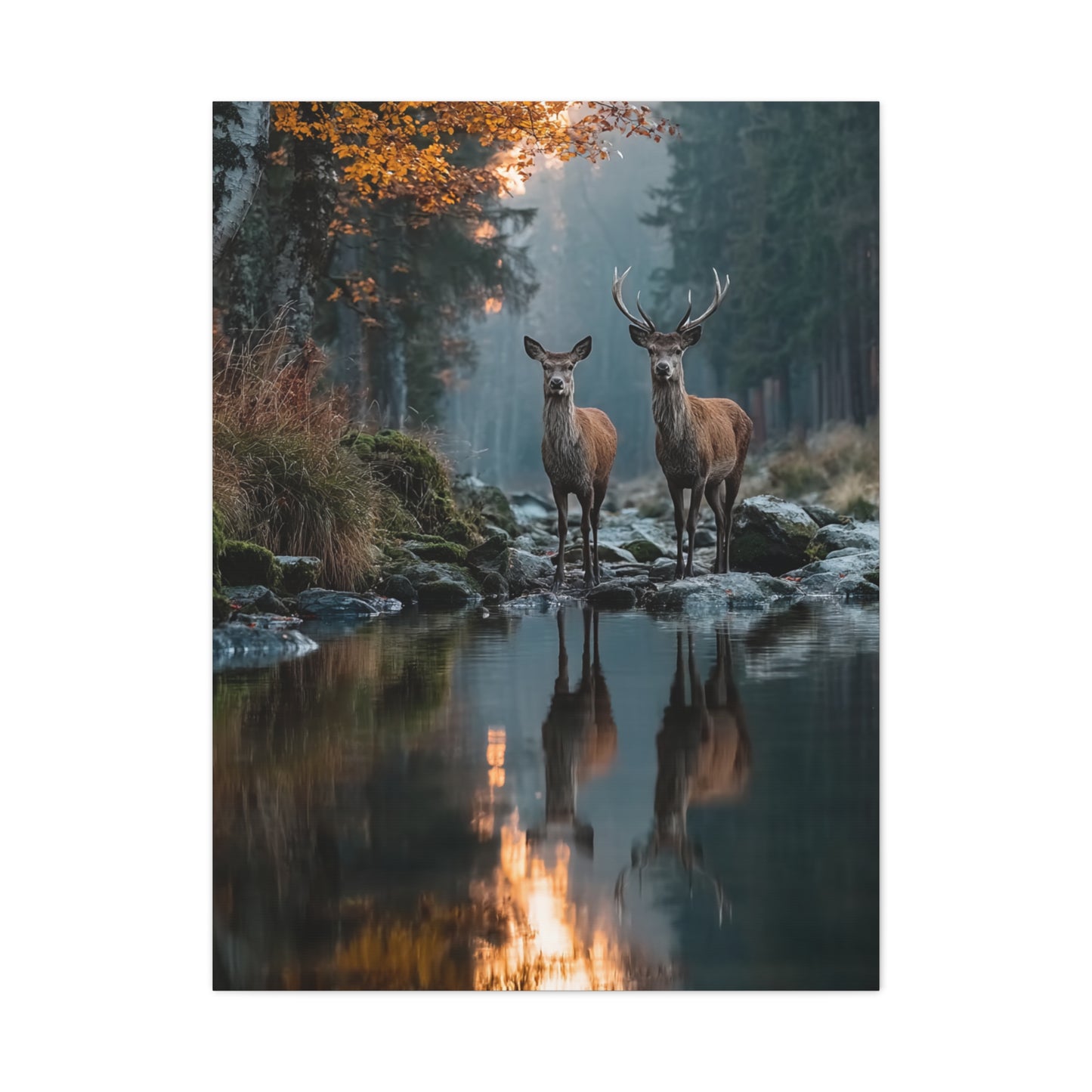 Autumn Forest Deer Reflection Wall Art & Canvas Print