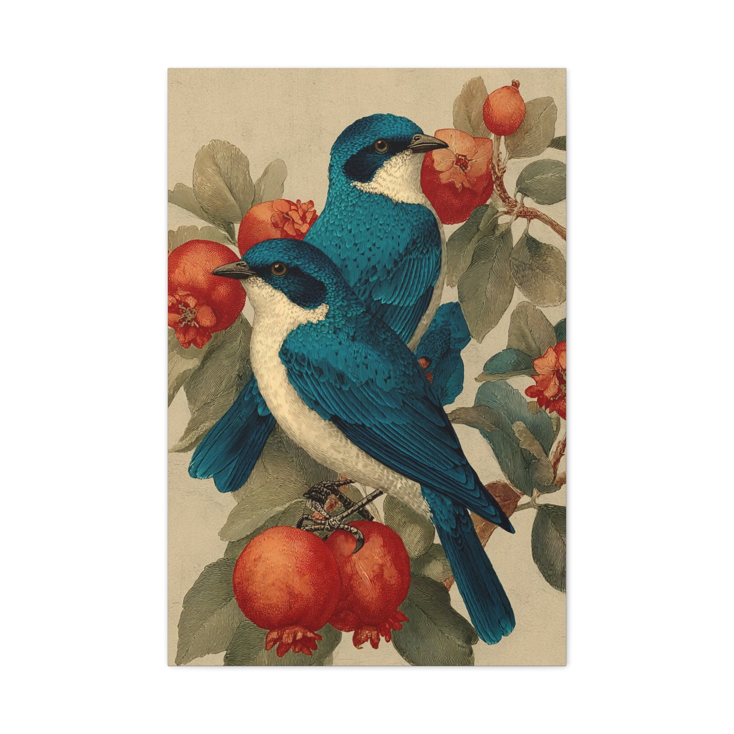 Blue Folk Birds Pomegranate Wall Art & Canvas Print