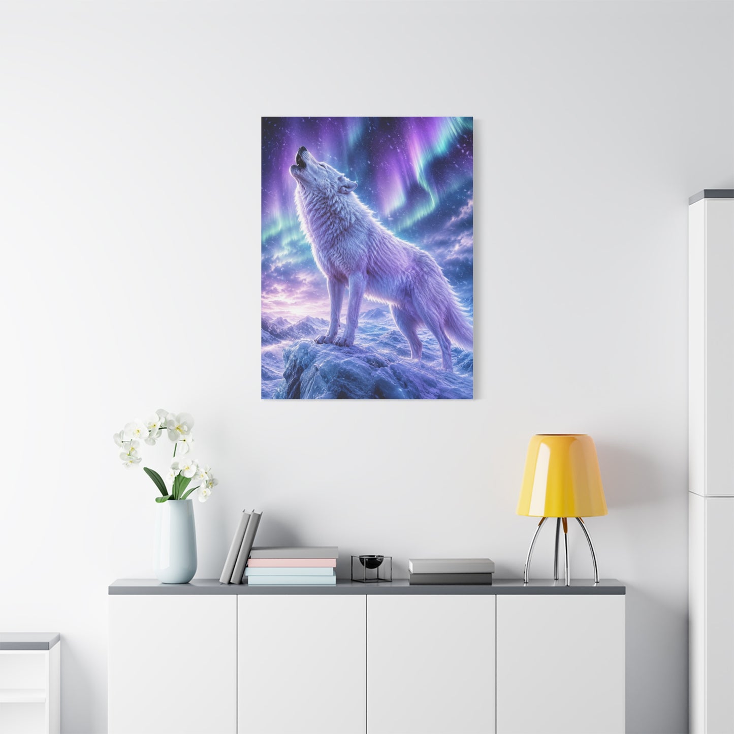 Aurora Night White Wolf Howling Scene Wall Art & Canvas Print