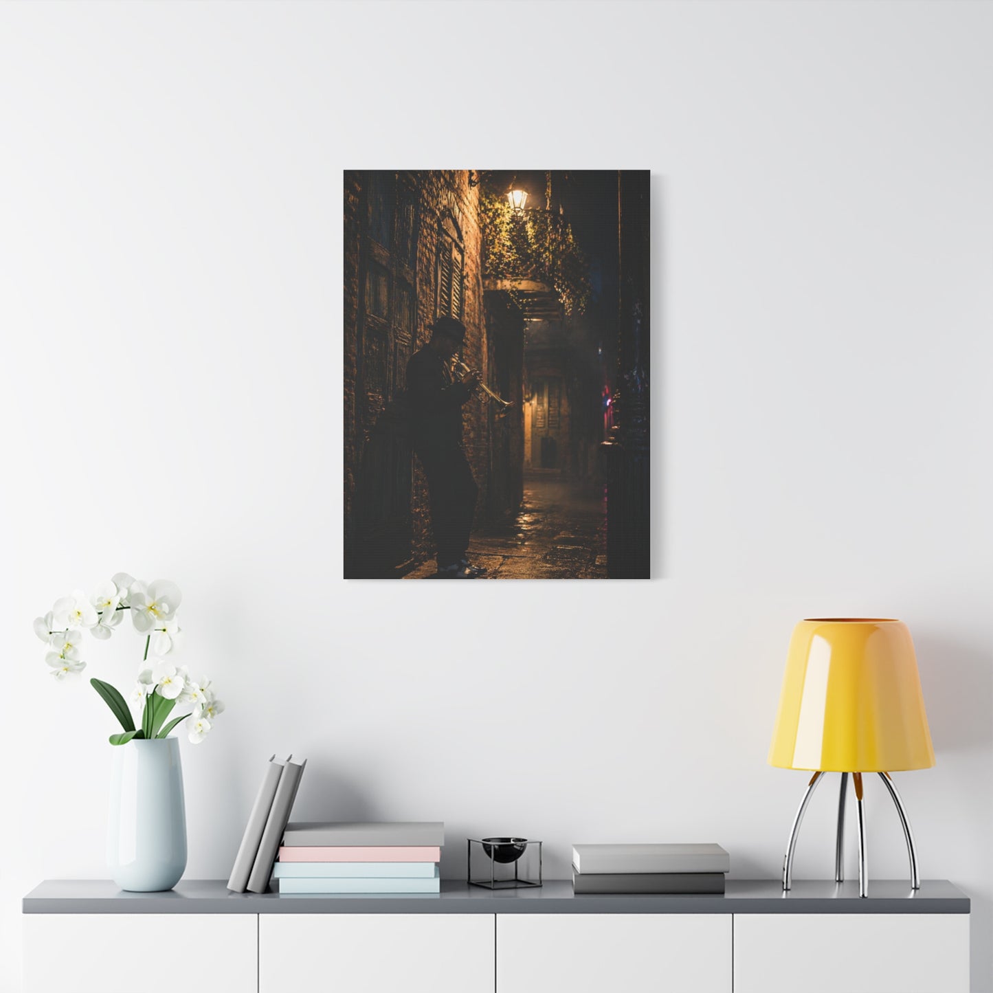 French Quarter Alley Trumpet Scene Wall Art & Canvas Print