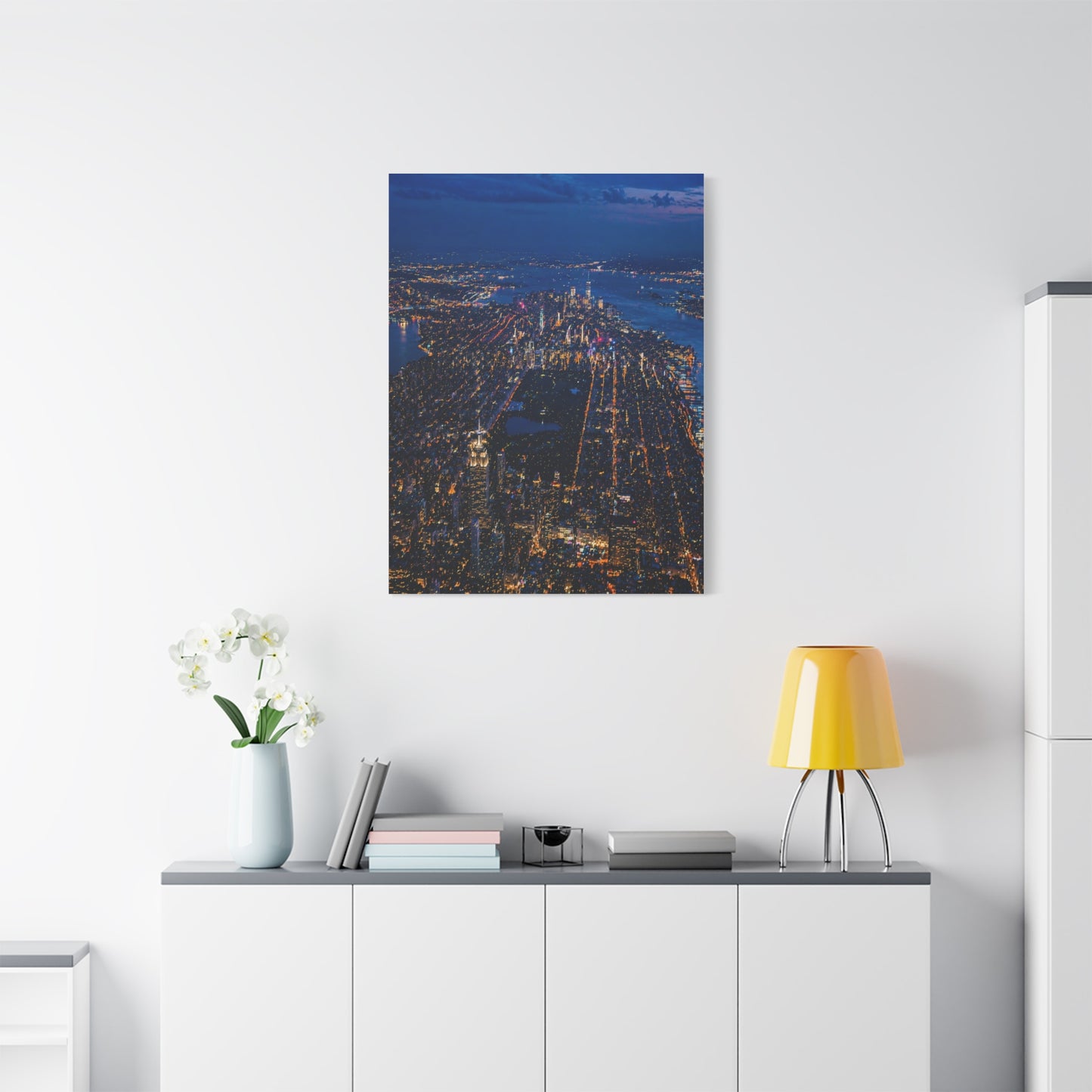 Aerial Manhattan Night Grid Wall Art & Canvas Print