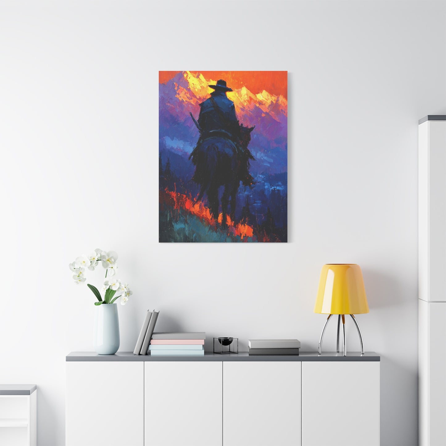Sunset Ridge Cowboy Painting Wall Art & Canvas Print