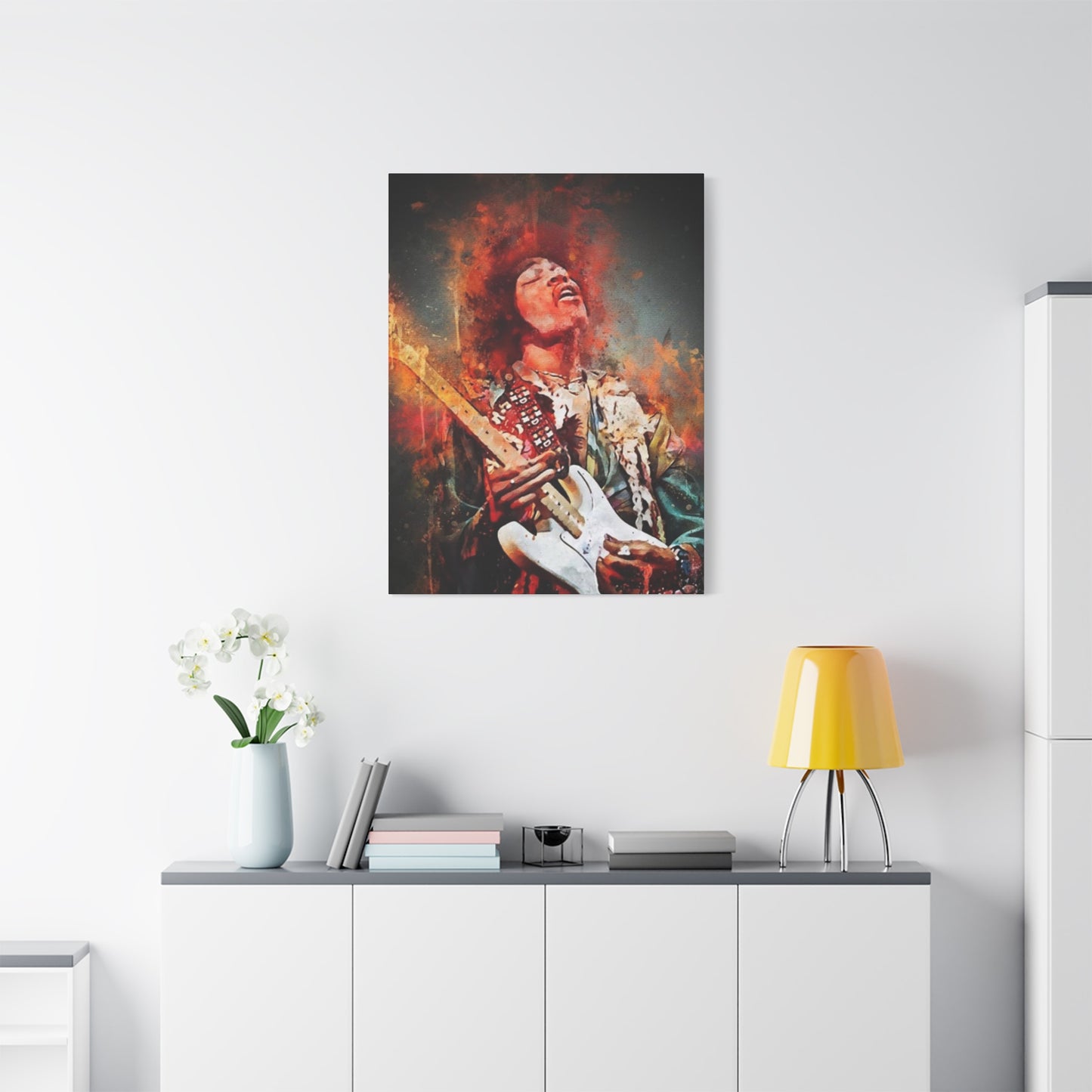Colorful Jimi Hendrix Playing Guitar Poster Wall Art & Canvas Prints
