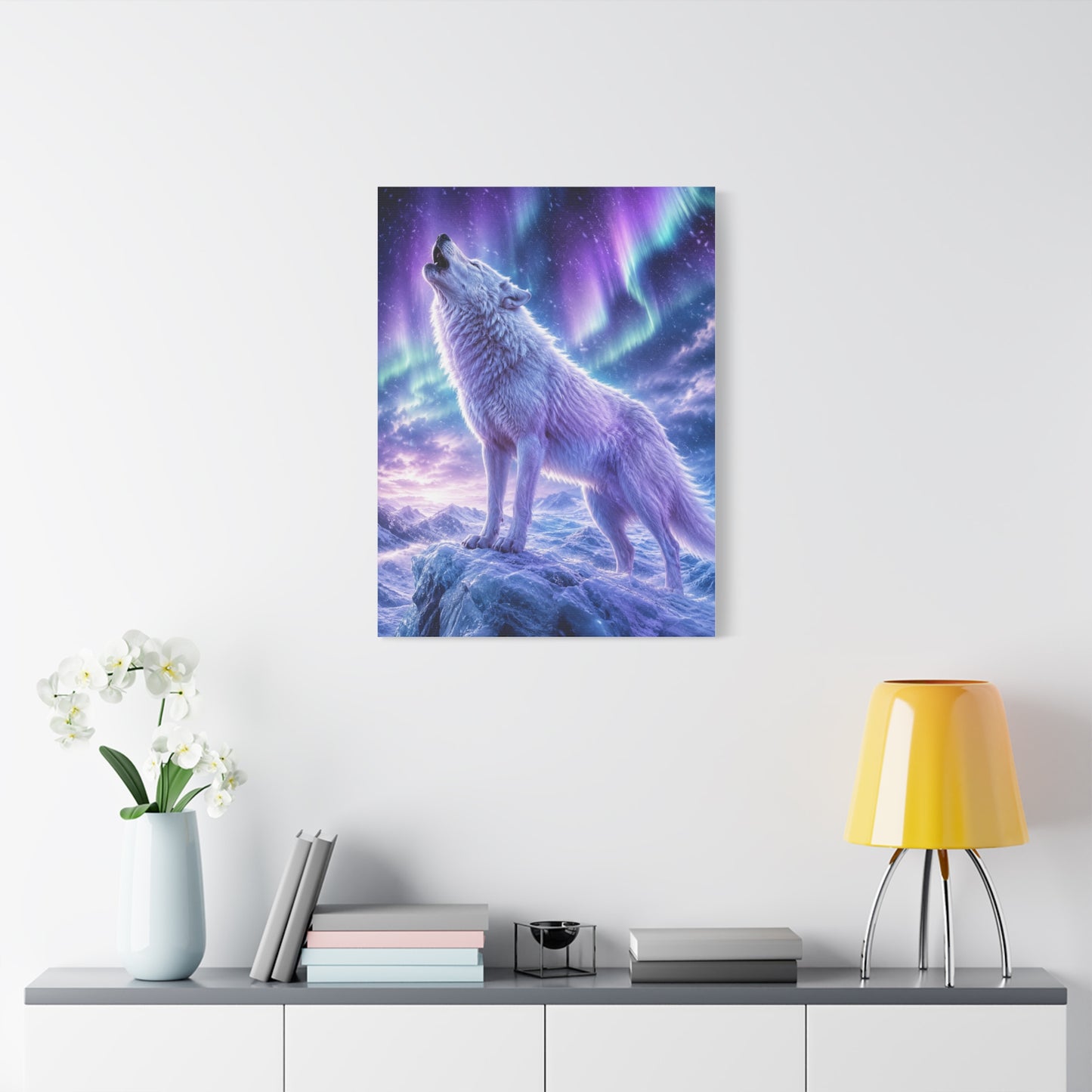 Aurora Night White Wolf Howling Scene Wall Art & Canvas Print