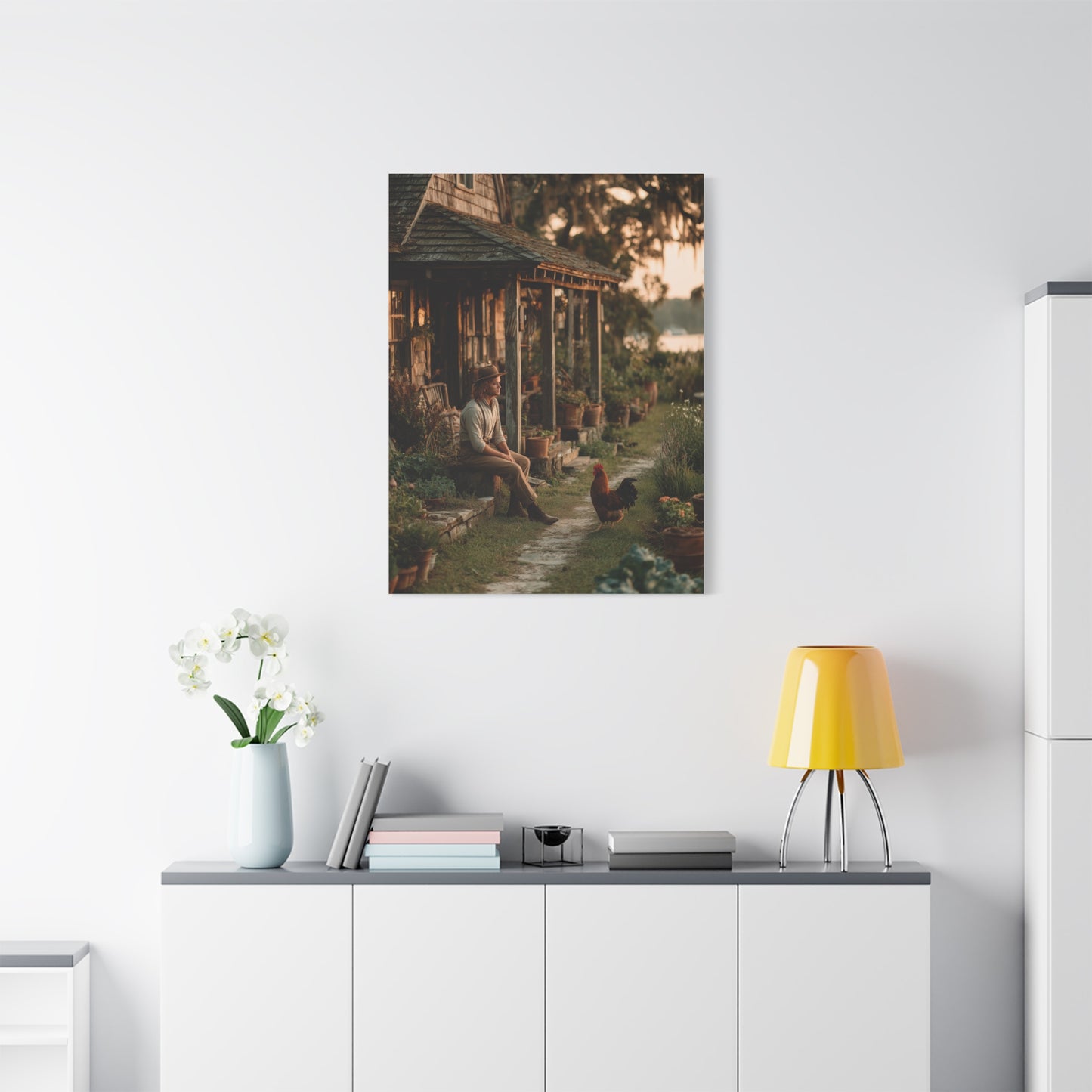 Farmhouse Porch Rooster Scene Wall Art & Canvas Print