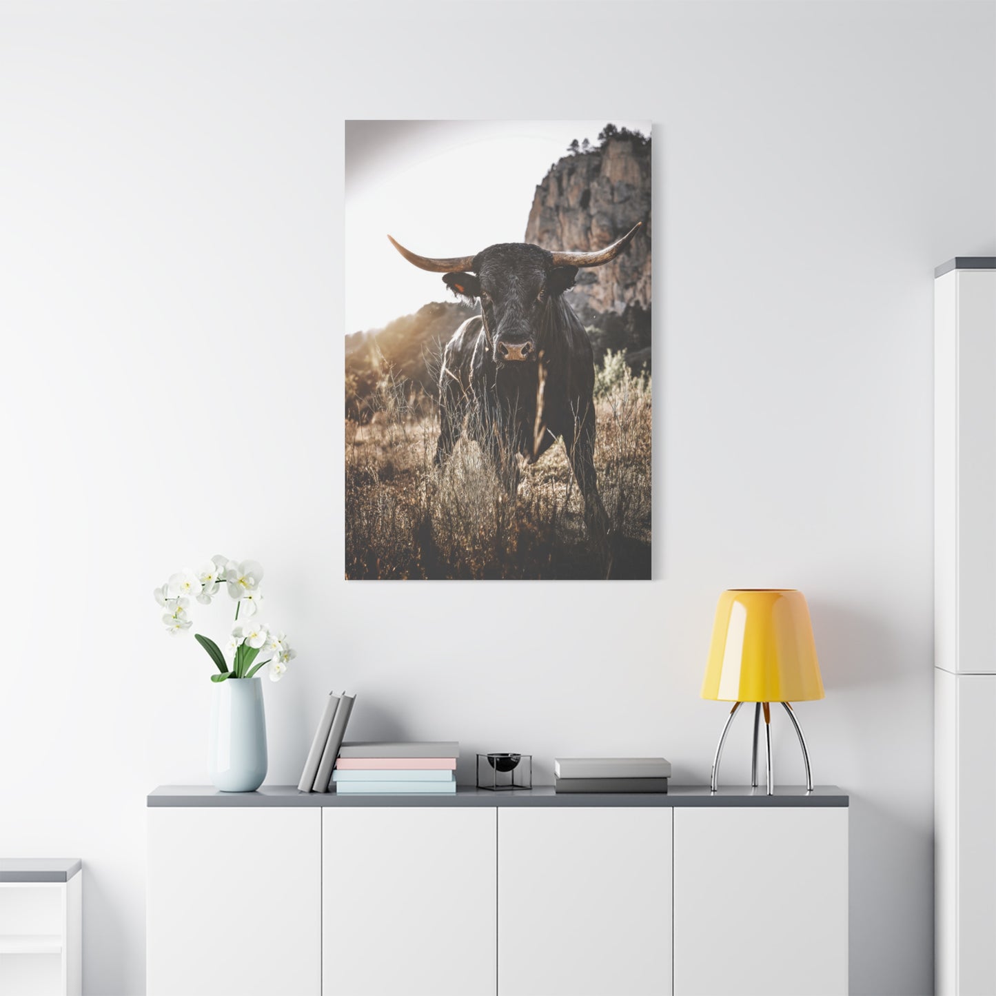 Mountain Cliff Bull Portrait Wall Art & Canvas Print