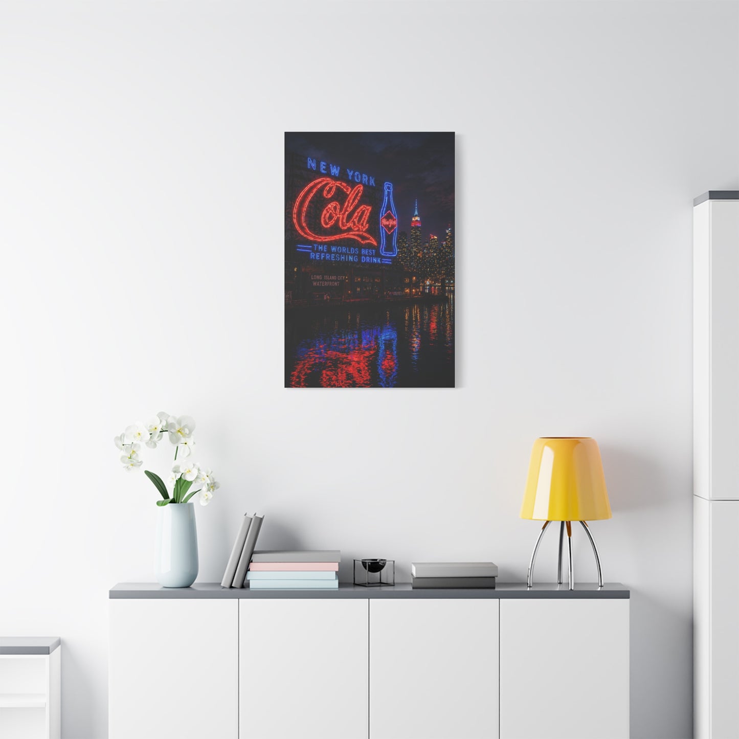 Neon Waterfront Skyline Cola Sign Wall Art & Canvas Print