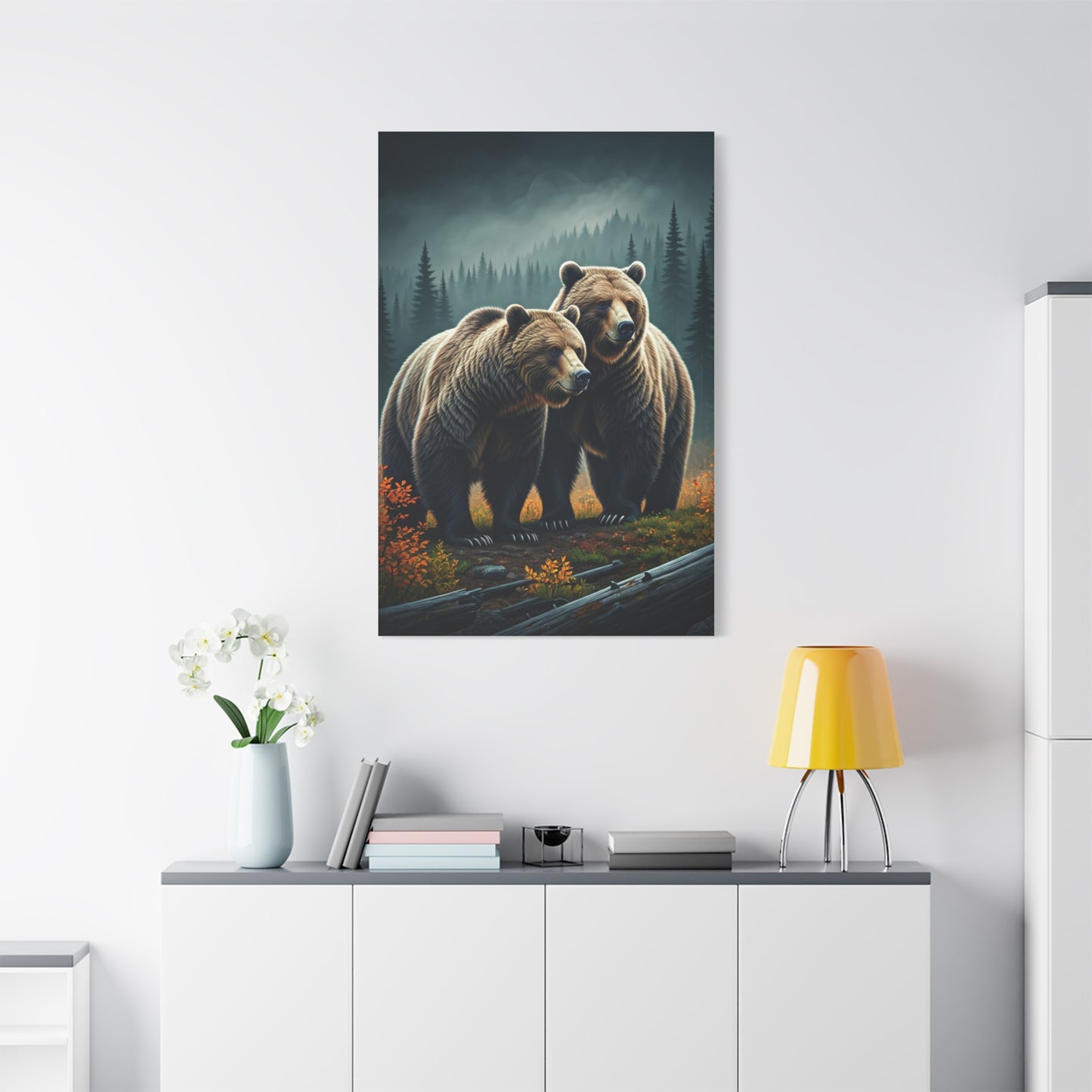Twin Brown Bears in Misty Forest Wall Art & Canvas Prints
