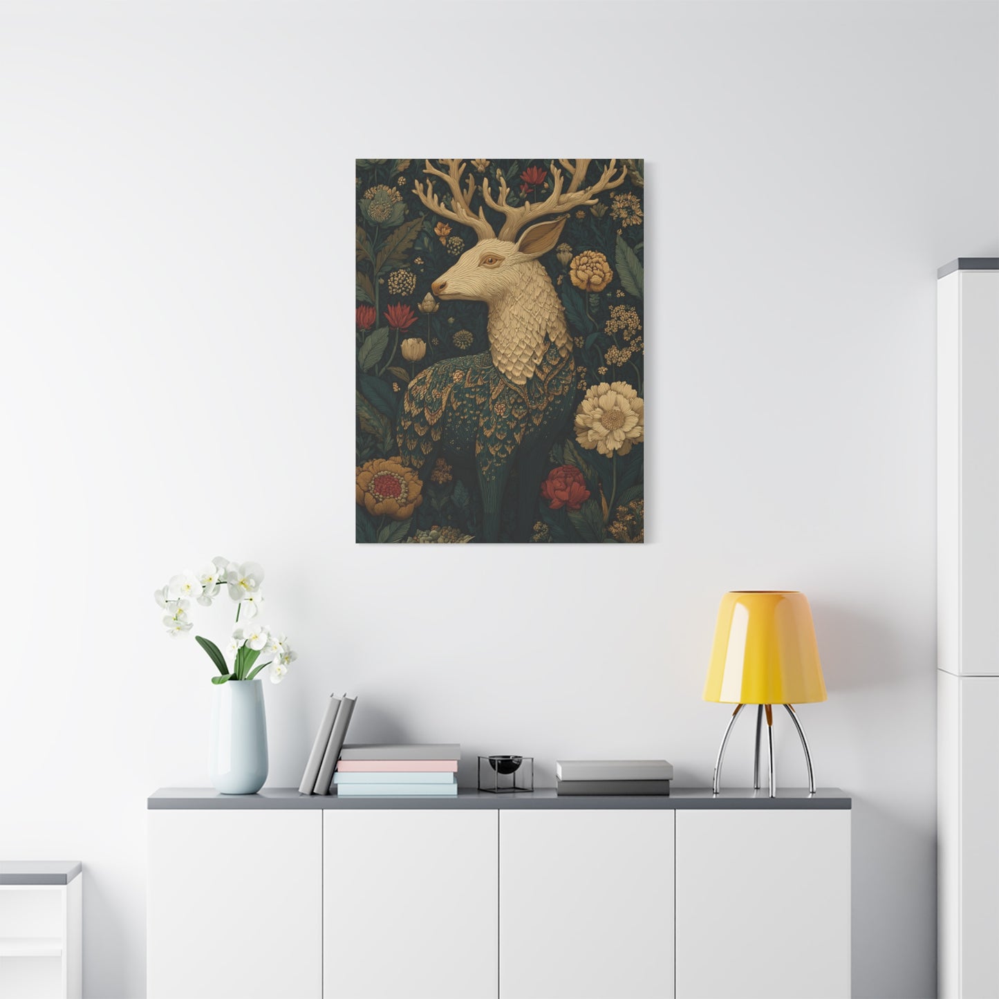 Ornamental Folk Deer Woodland Wall Art & Canvas Print