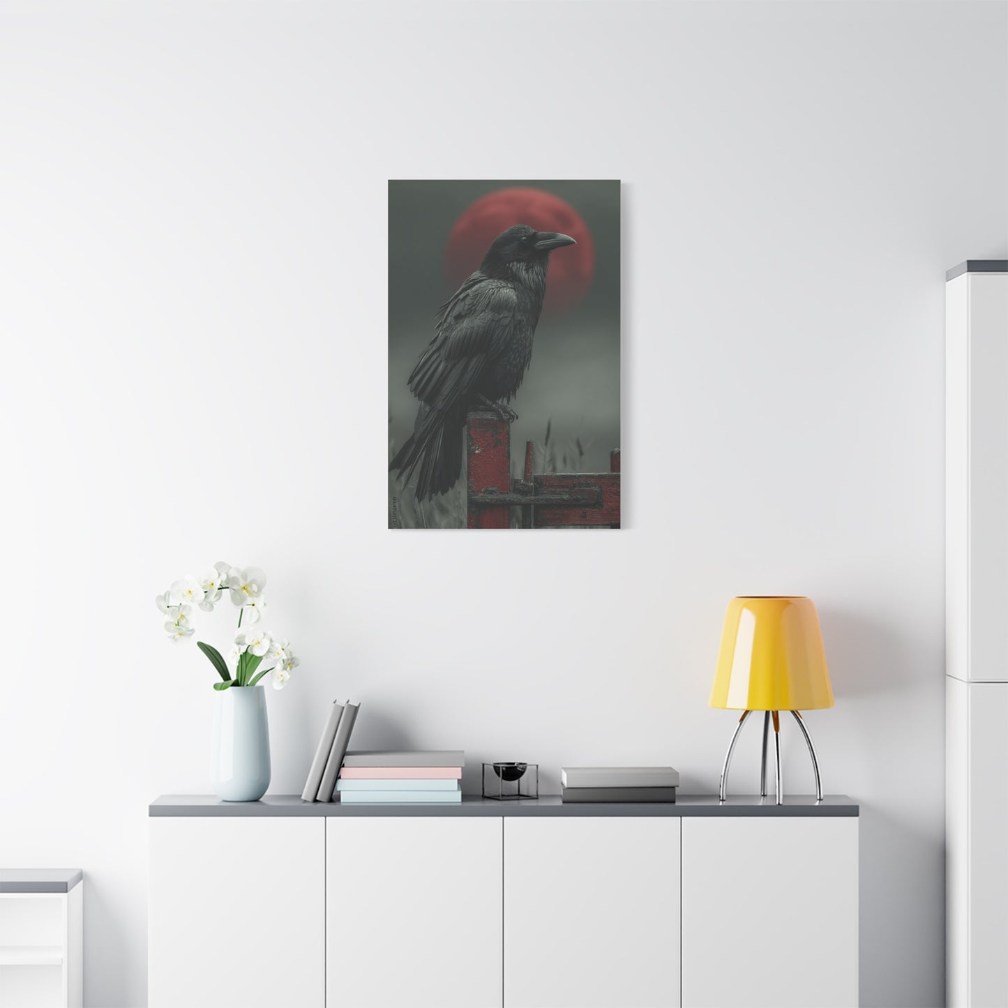 Raven Beneath the Crimson Moon Wall Art & Canvas Print