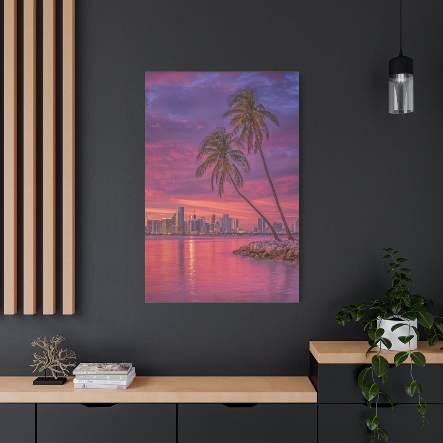 Miami Skyline Tropical Sunset With Palm Trees Wall Art & Canvas Print
