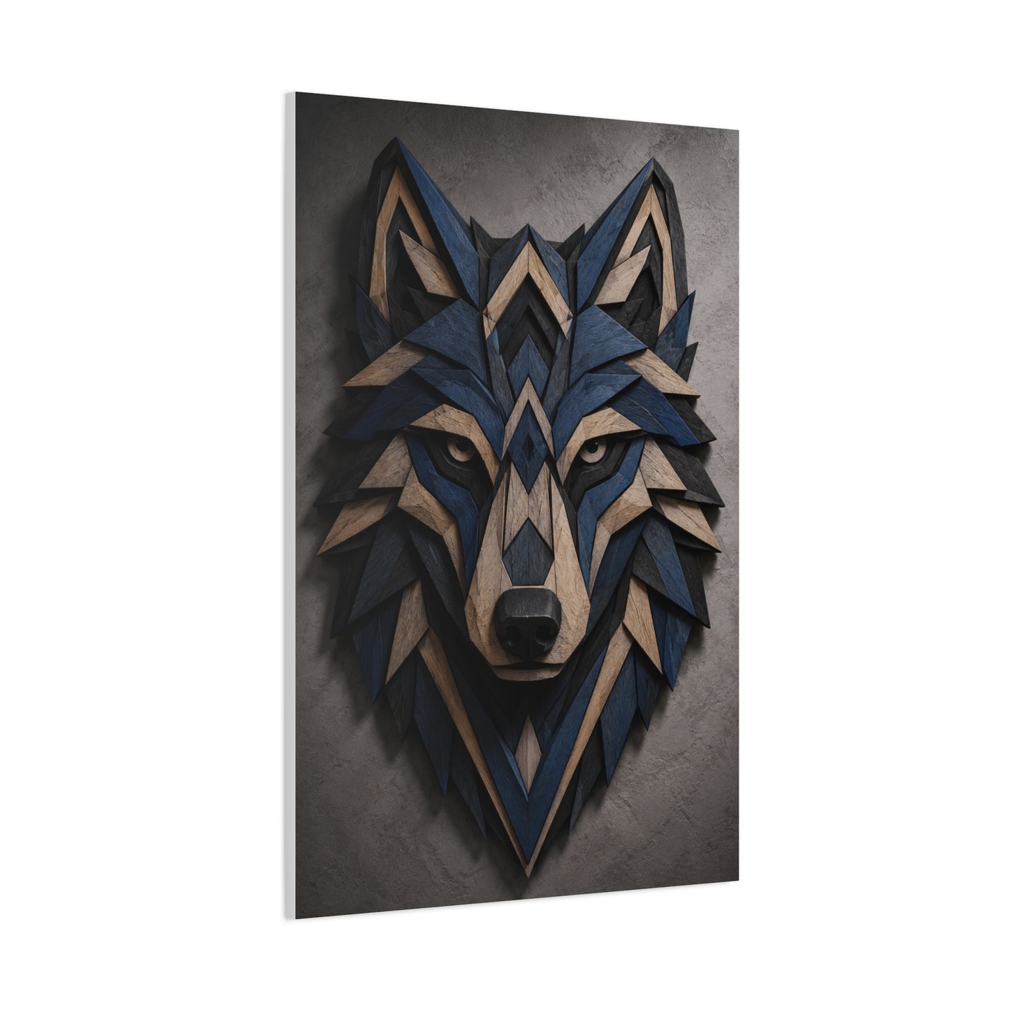 Layered Blue Geometric Wolf Head Sculpture Wall Art & Canvas Print