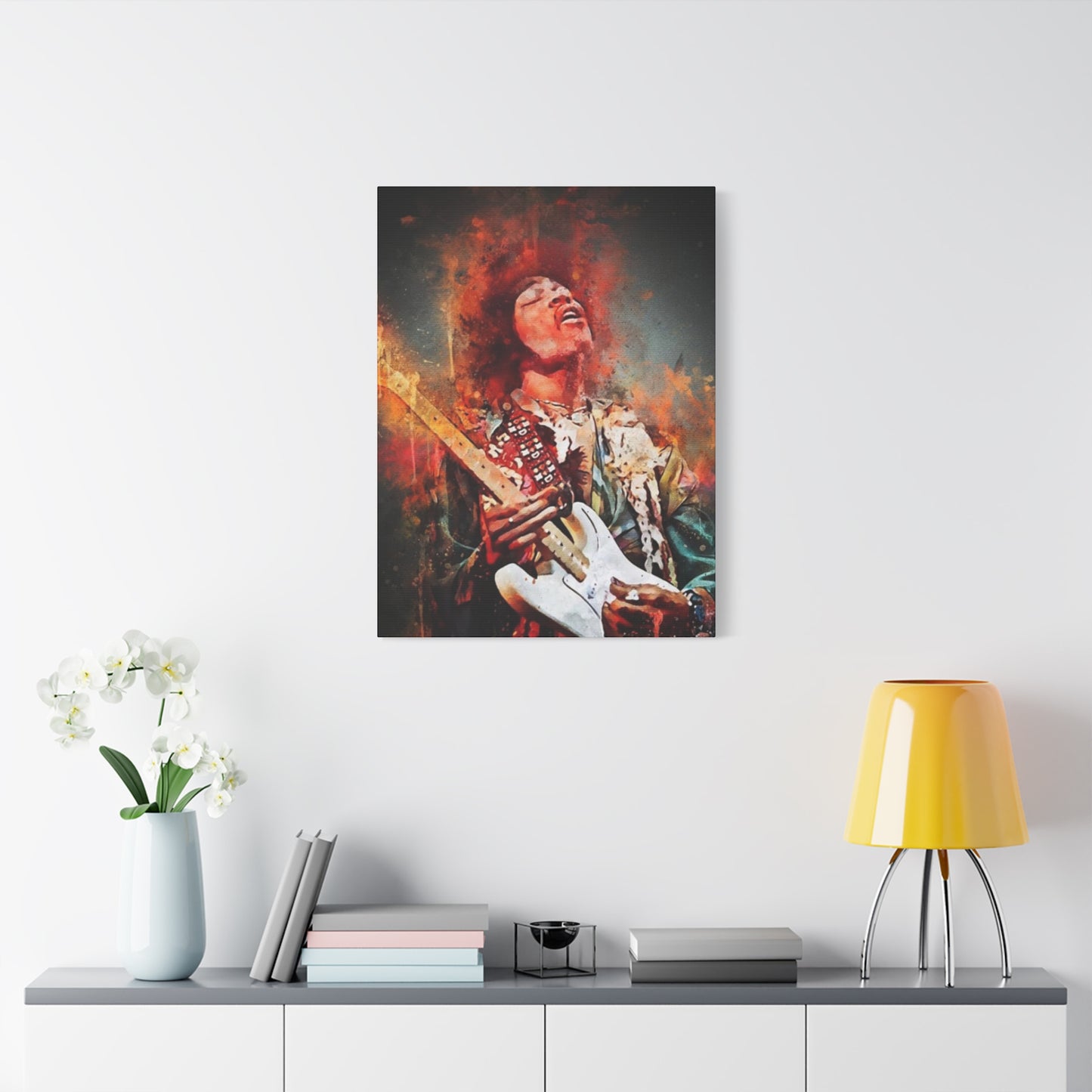 Colorful Jimi Hendrix Playing Guitar Poster Wall Art & Canvas Prints