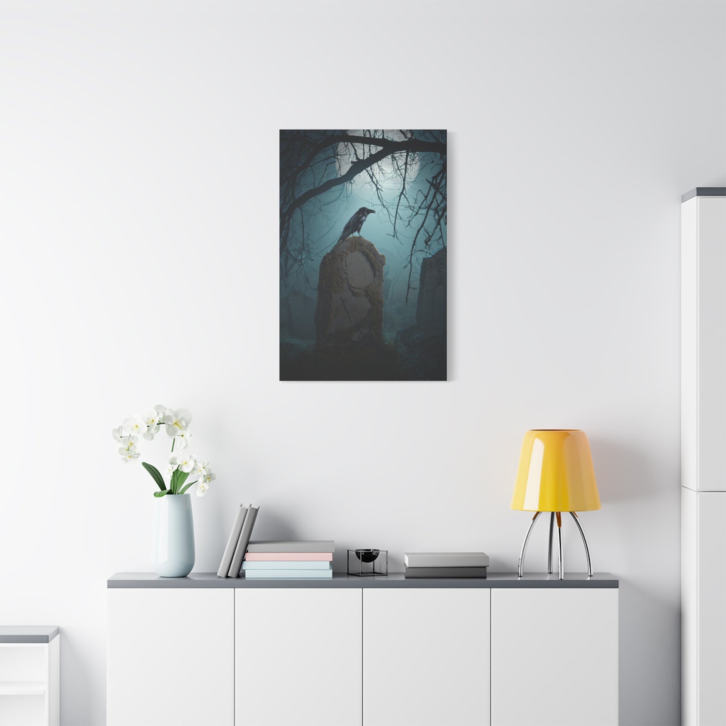 Raven on Ancient Gravestone Wall Art & Canvas Print