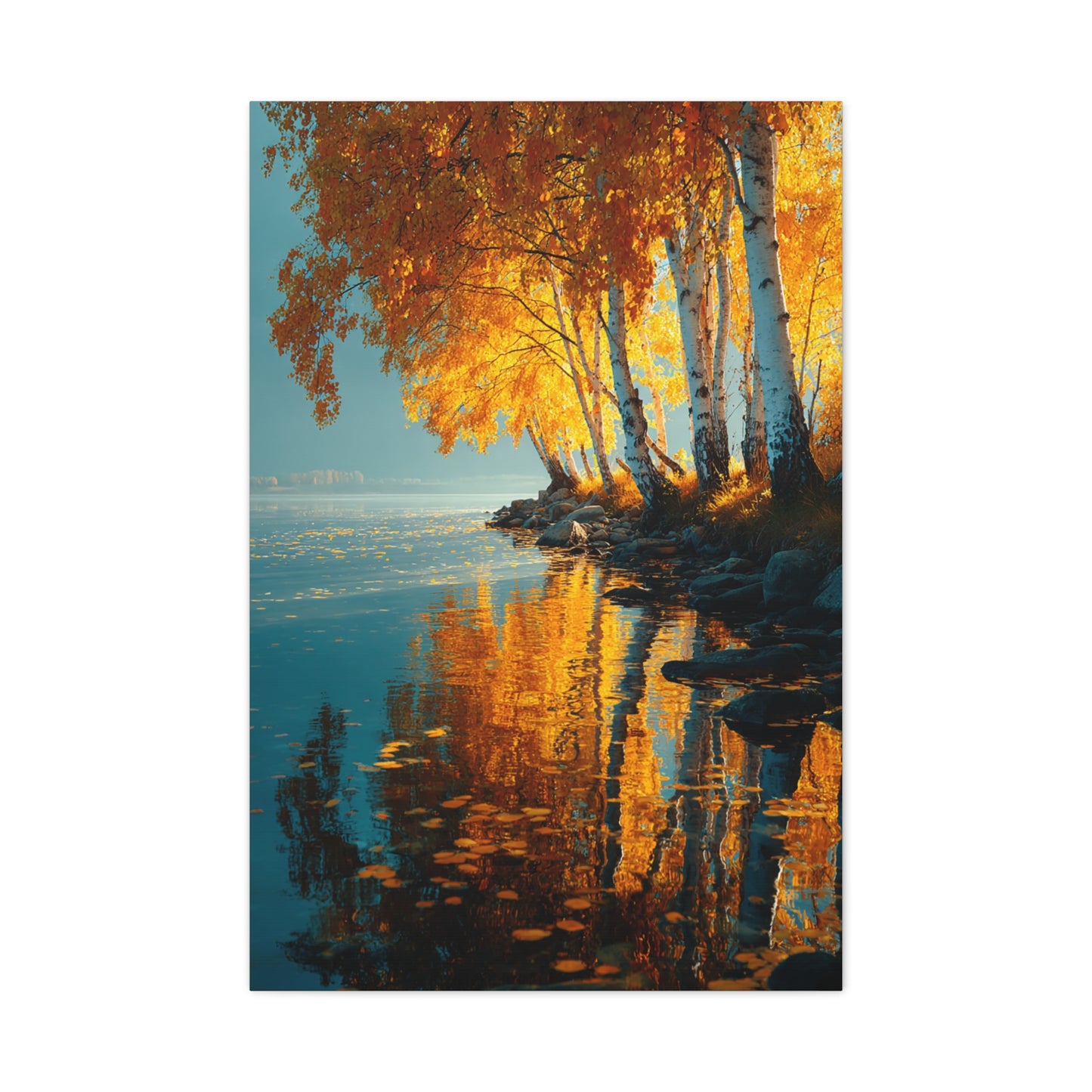 Golden Birch Autumn Lake Reflection Wall Art & Canvas Print