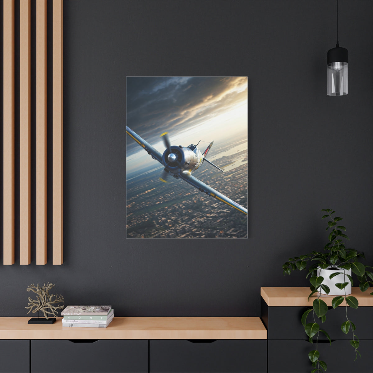 Vintage Fighter Dive Over the City Wall Art & Canvas Prints