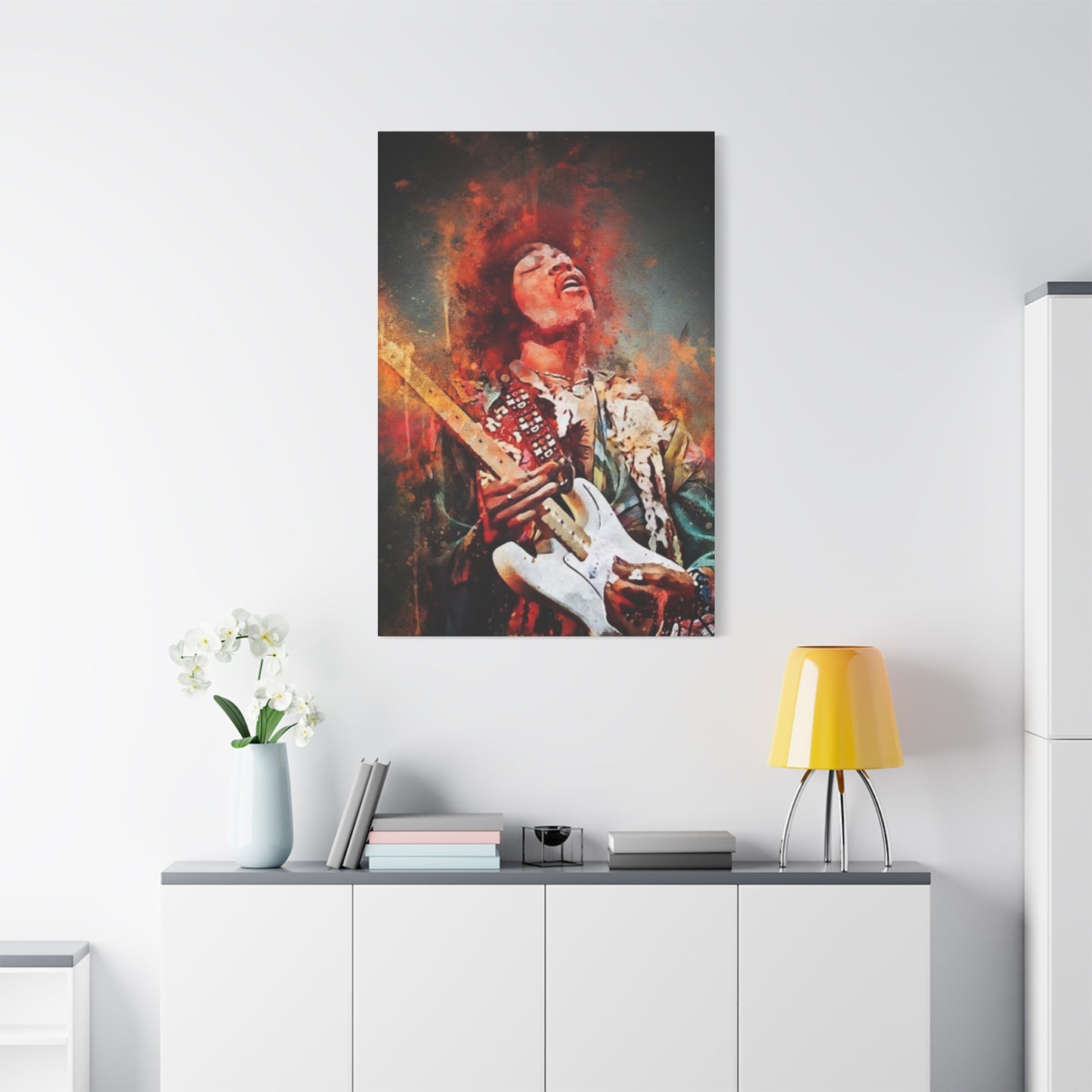 Colorful Jimi Hendrix Playing Guitar Poster Wall Art & Canvas Prints