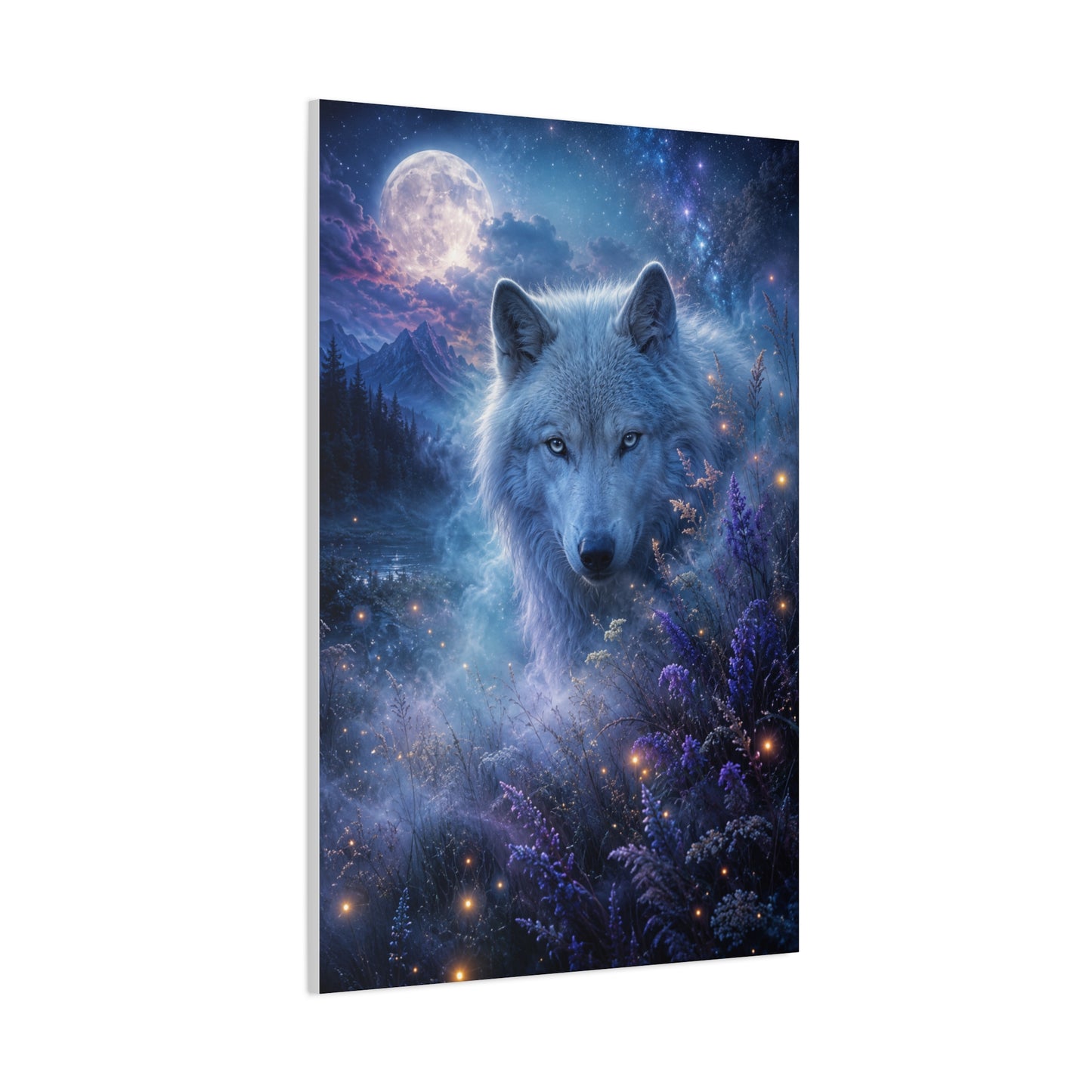 Moonlit White Wolf Portrait Wilderness Scene Wall Art & Canvas Print