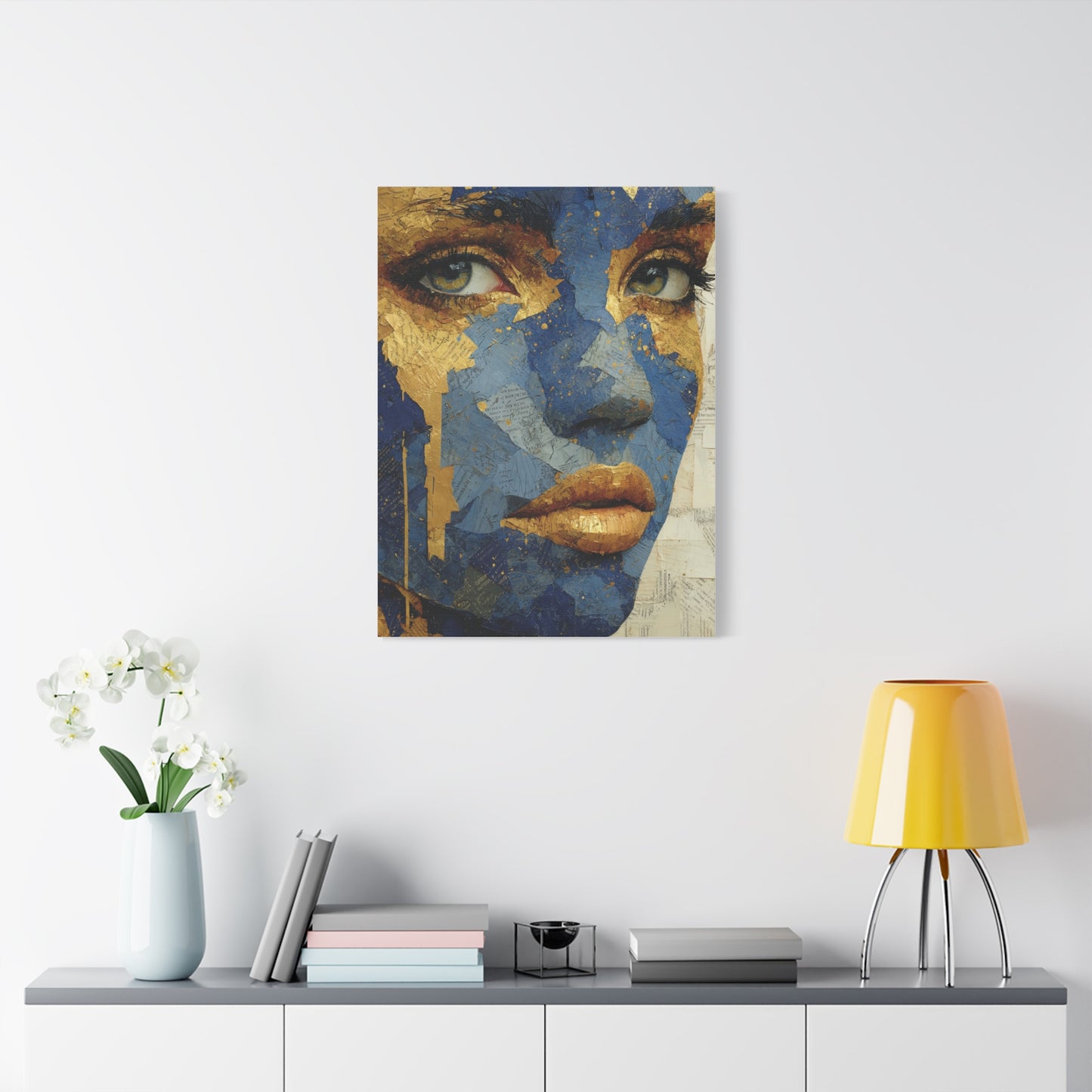 Blue and Gold Abstract Face Collage Wall Art & Canvas Print