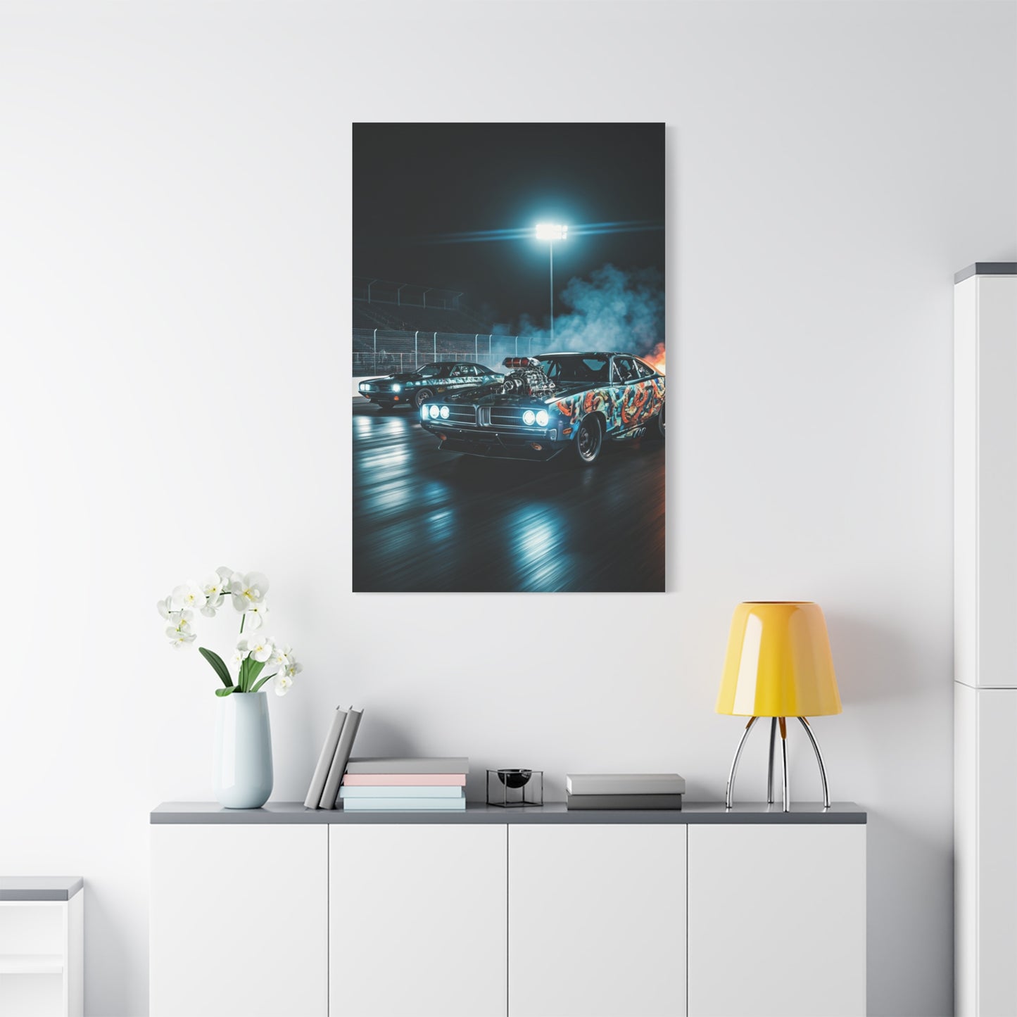 1970 Dodge Charger R/T vs 1970 Plymouth Barracuda Night Drag Duel Wall Art & Canvas Prints