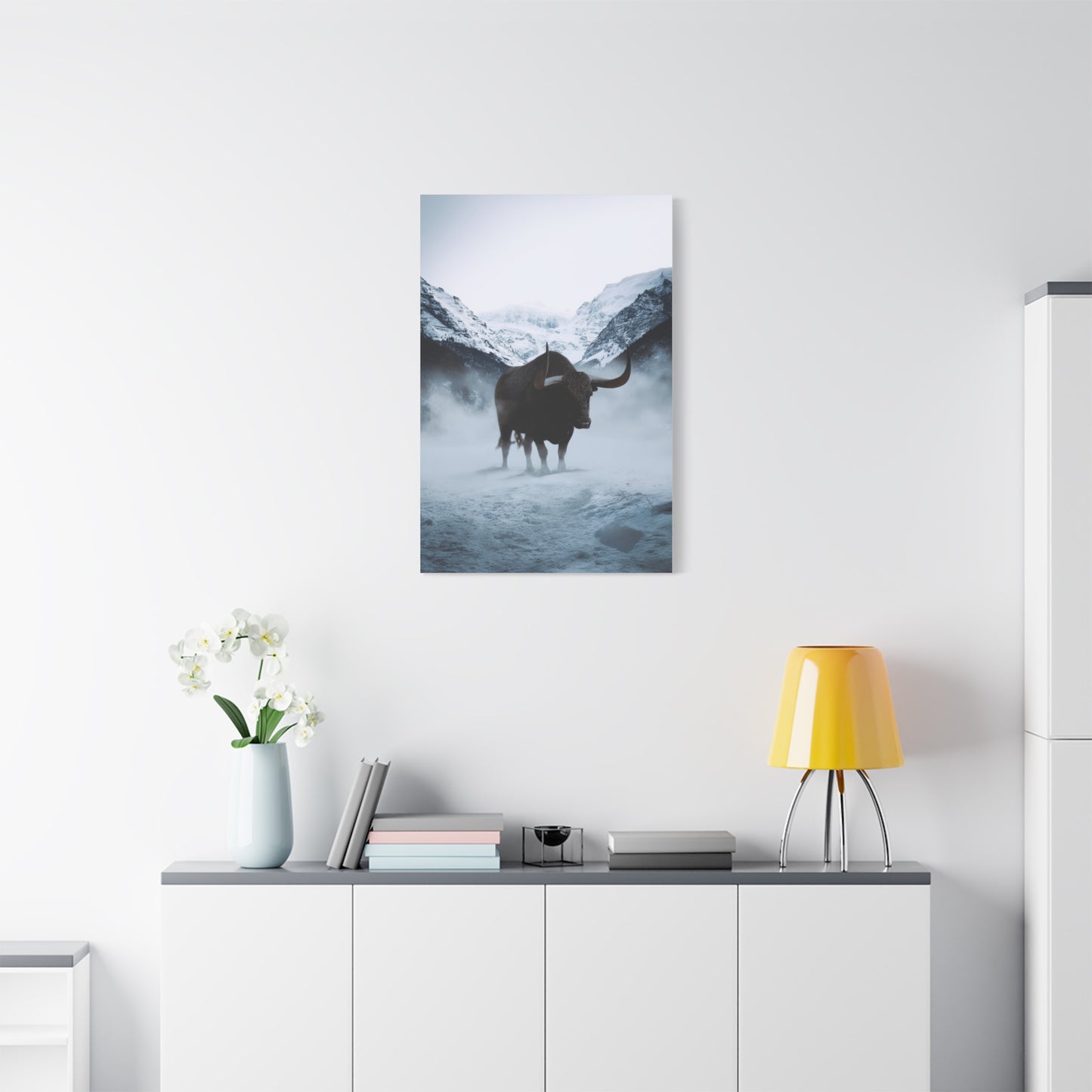 Lone Bull in Snowy Mountain Valley Wall Art & Canvas Print