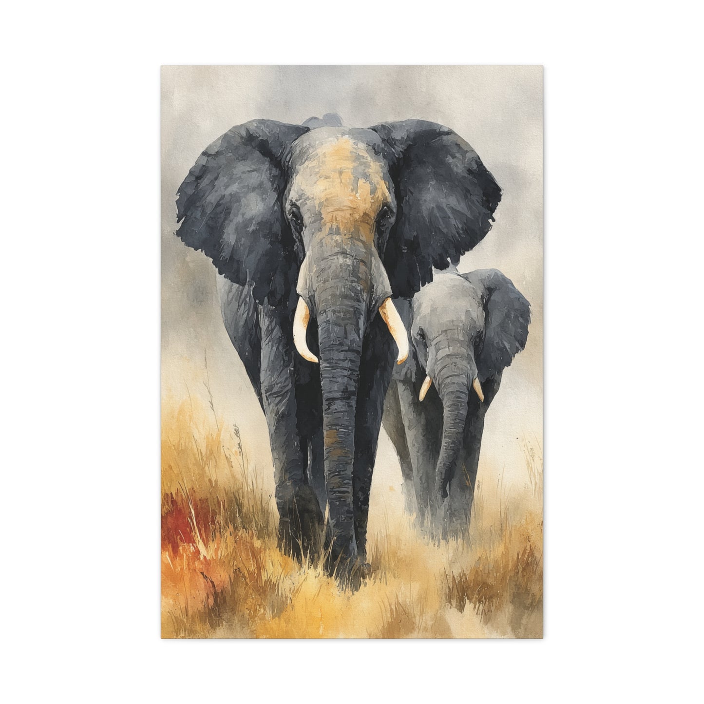 Mother and Calf Elephant Watercolor Wall Art & Canvas Print