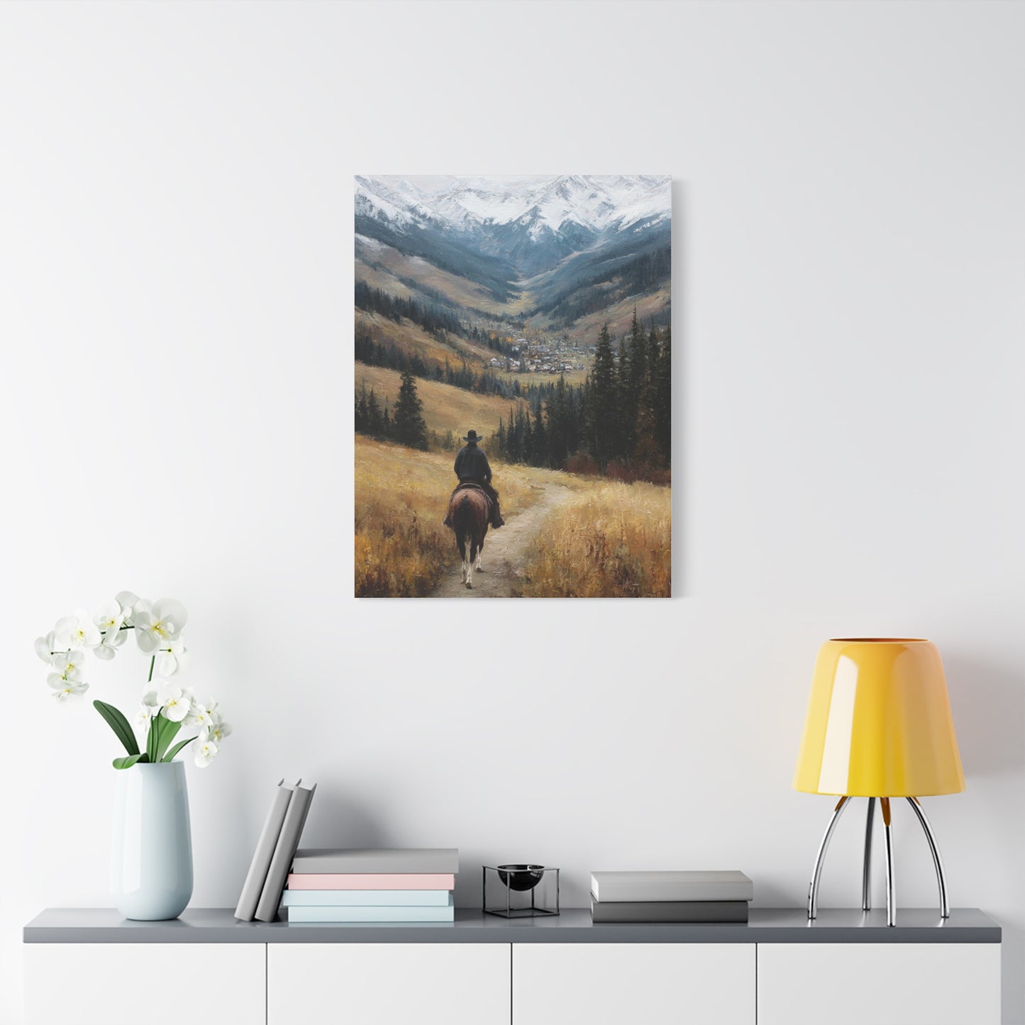 Cowboy Riding Toward a Hidden Mountain Valley Wall Art & Canvas Print