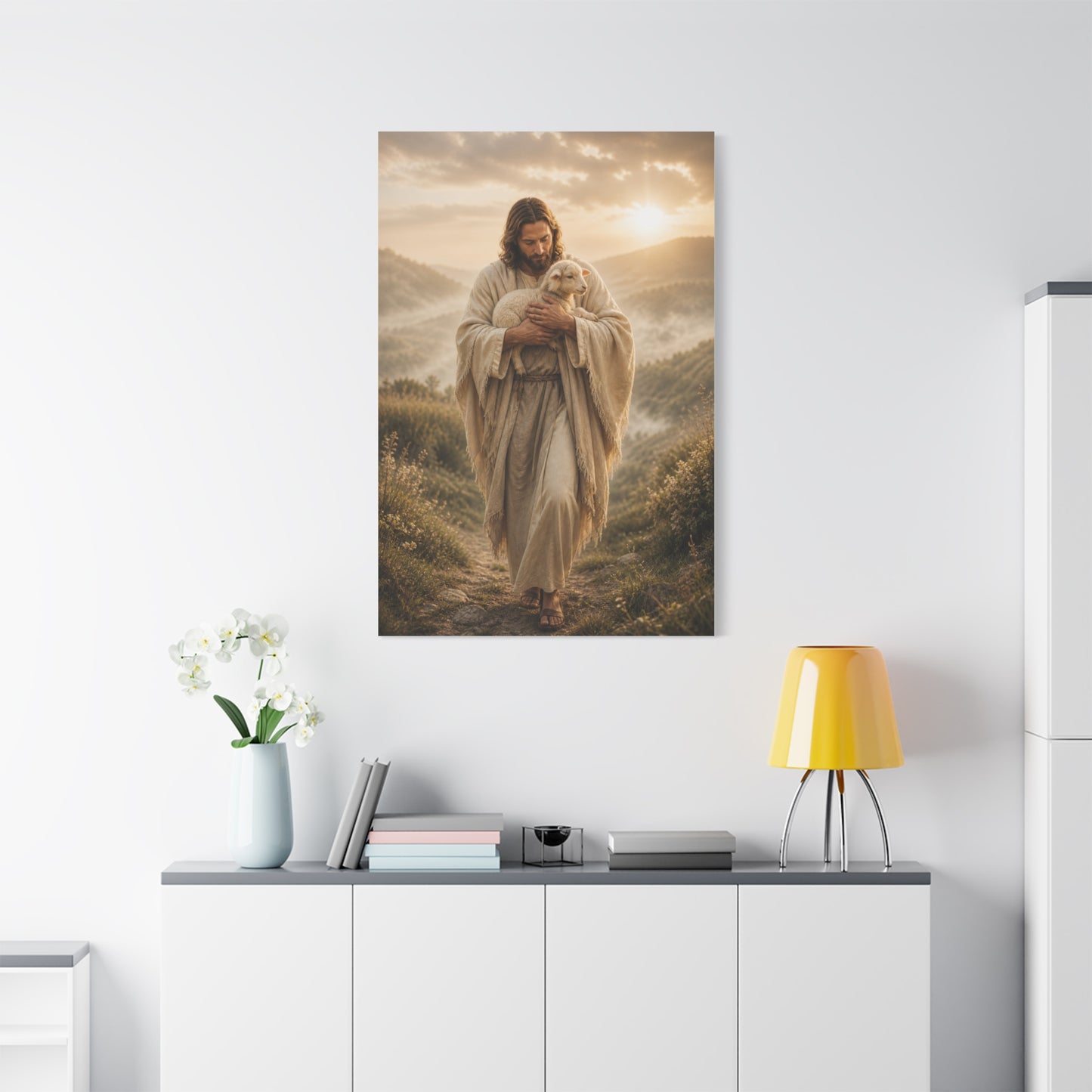 The Good Shepherd Walking with Lamb Wall Art & Canvas Print
