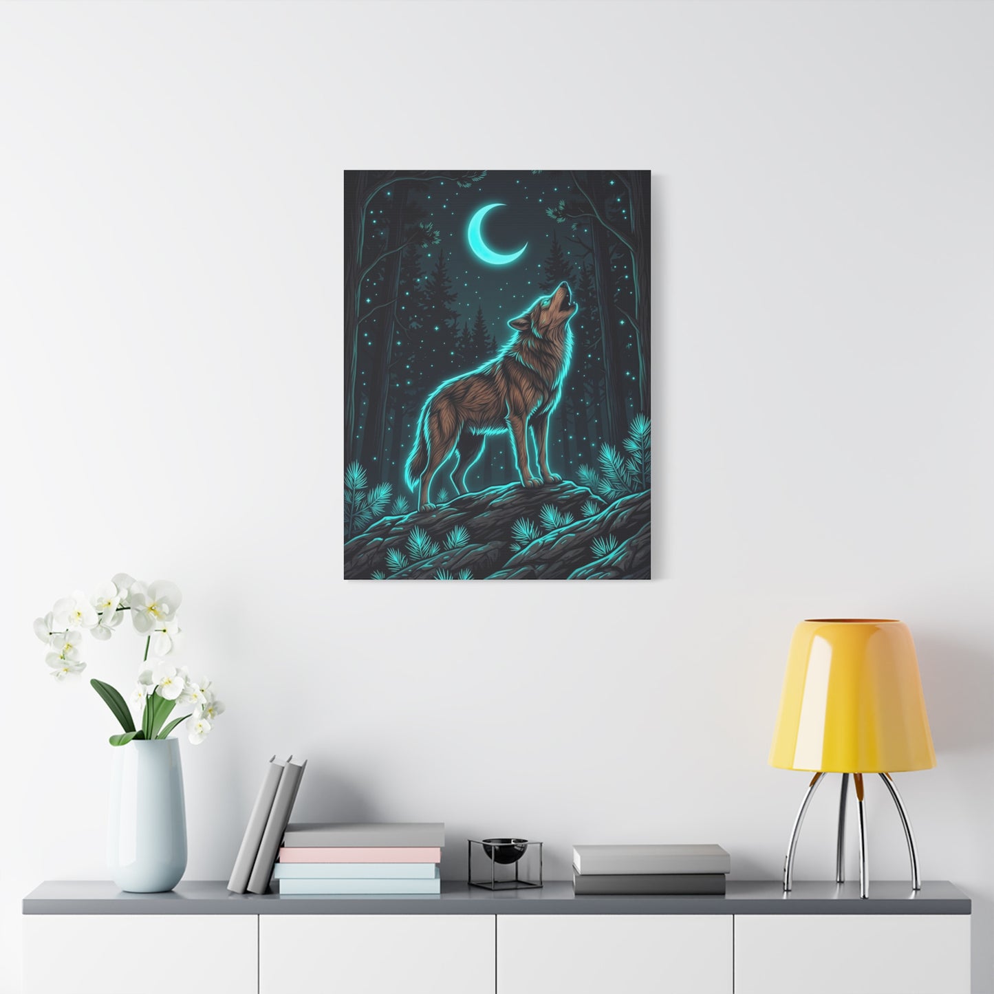 Moonlit Forest Wolf Neon Outline Scene Wall Art & Canvas Print