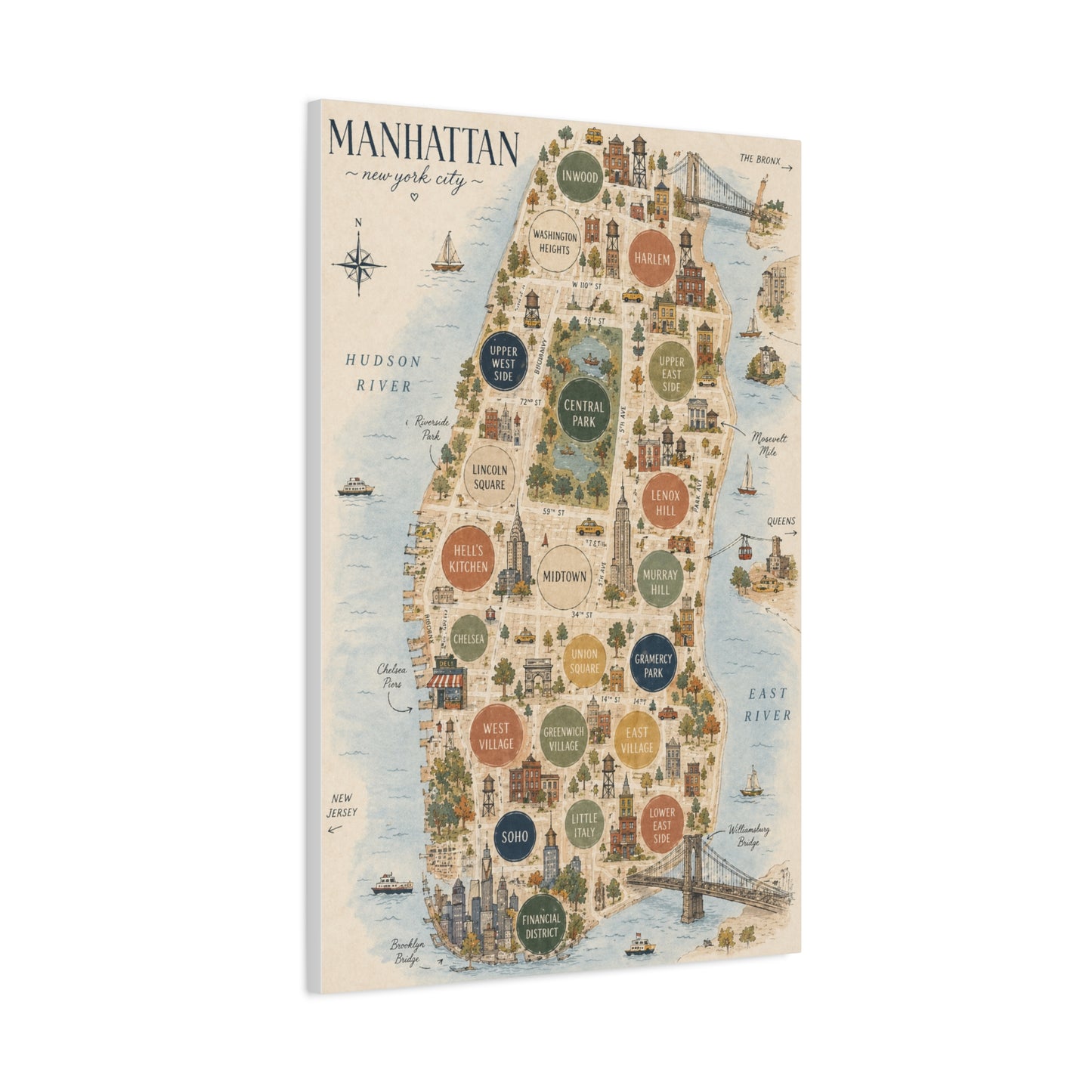 Manhattan Illustrated Map Composition Wall Art & Canvas Print