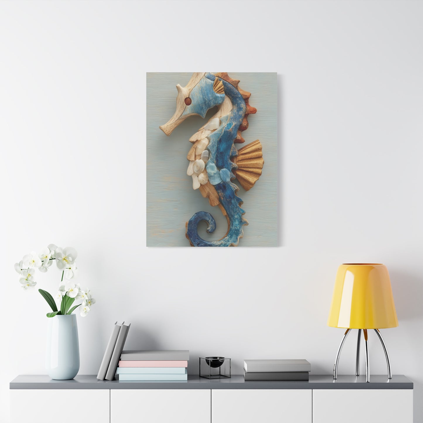 Driftwood Seahorse Coastal Sculpture Wall Art & Canvas Print